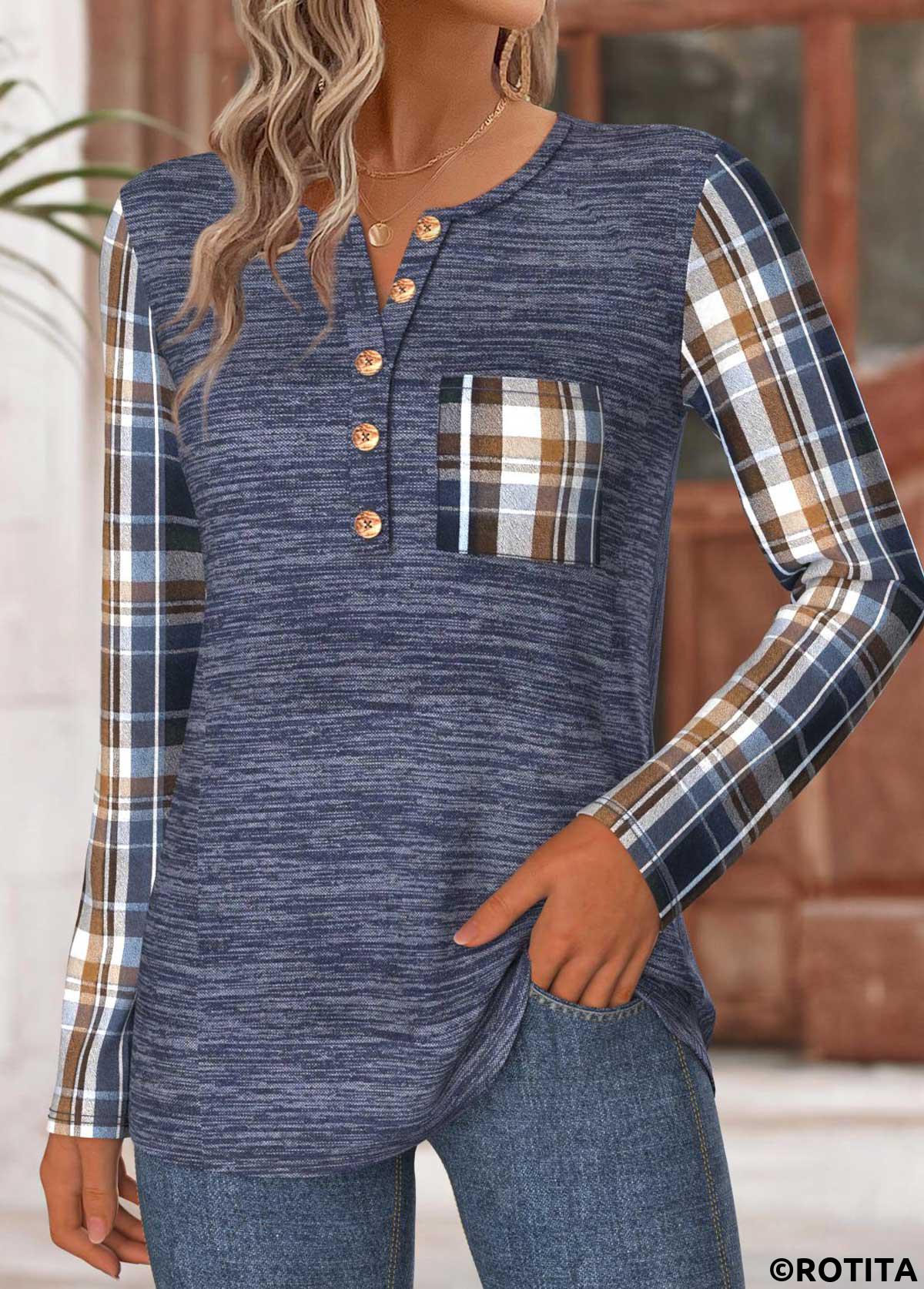 Navy tops,Plaid tops,Geometric tops,ROTITA Tummy Coverage Plaid Navy Round Neck T Shirt