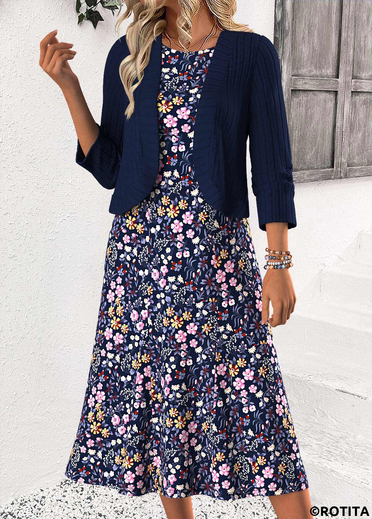 Navy dresses,Plants dresses,Casual dresses,ROTITA Tummy Coverage Leaf Print Navy Dress and Cardigan