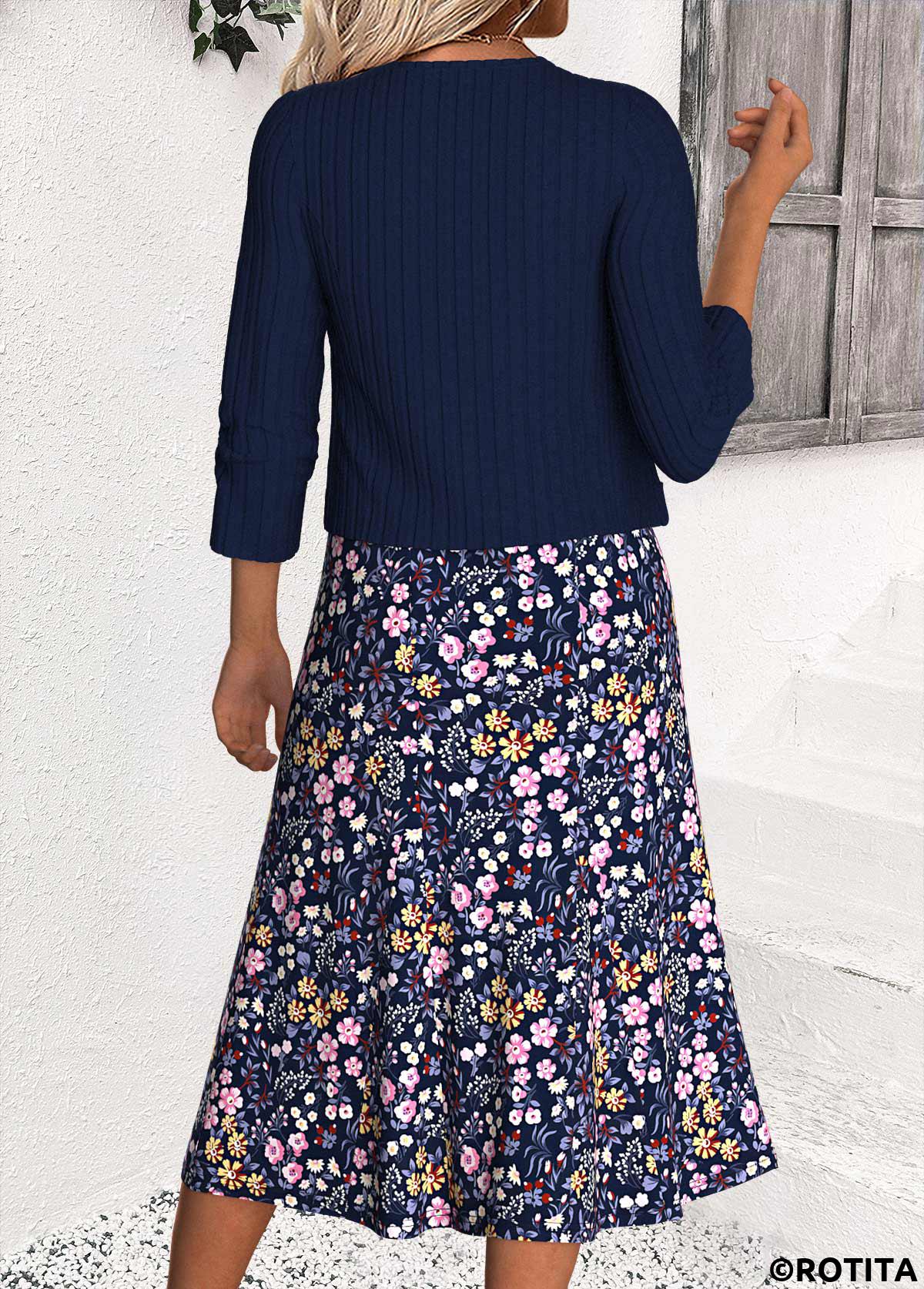 Navy dresses,Plants dresses,Casual dresses,ROTITA Tummy Coverage Leaf Print Navy Dress and Cardigan