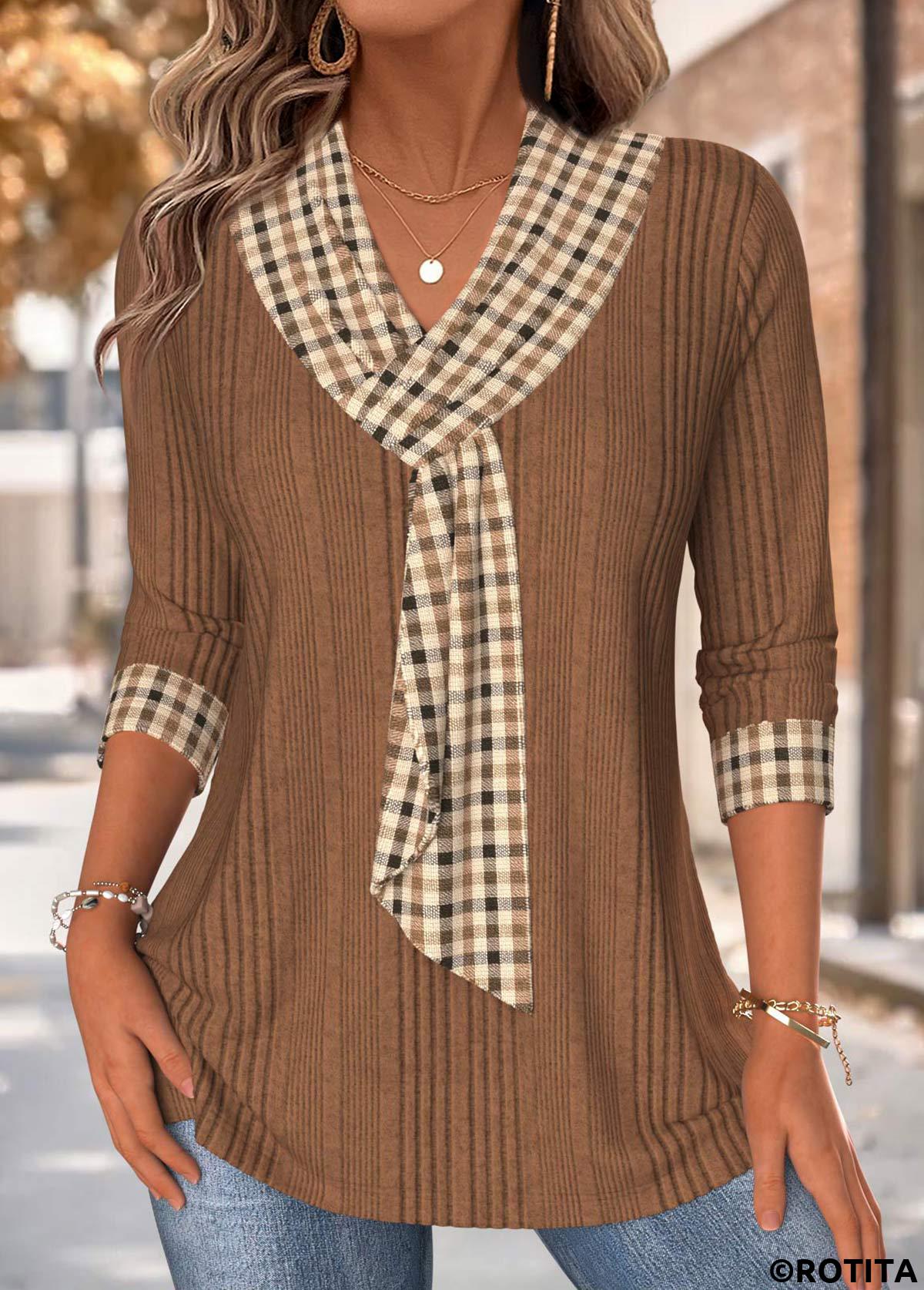Dark Coffee tops,Plaid tops,Geometric tops,ROTITA Tummy Coverage Plaid Dark Coffee V Neck T Shirt