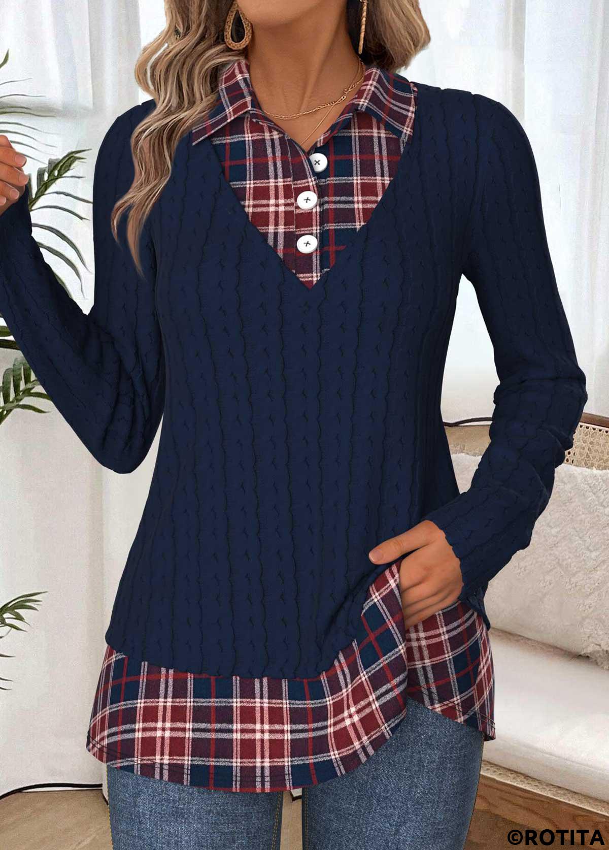 Navy tops,Plaid tops,Geometric tops,ROTITA Tummy Coverage Plaid Navy Fake Two Piece Twinset