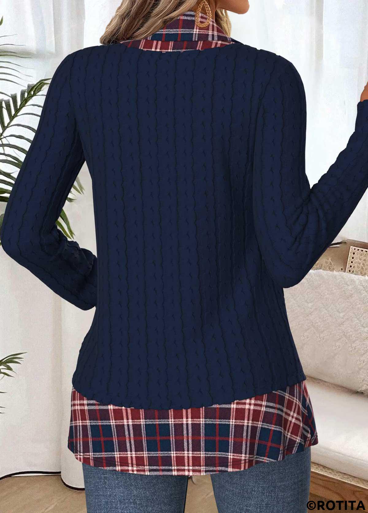 Navy tops,Plaid tops,Geometric tops,ROTITA Tummy Coverage Plaid Navy Fake Two Piece Twinset