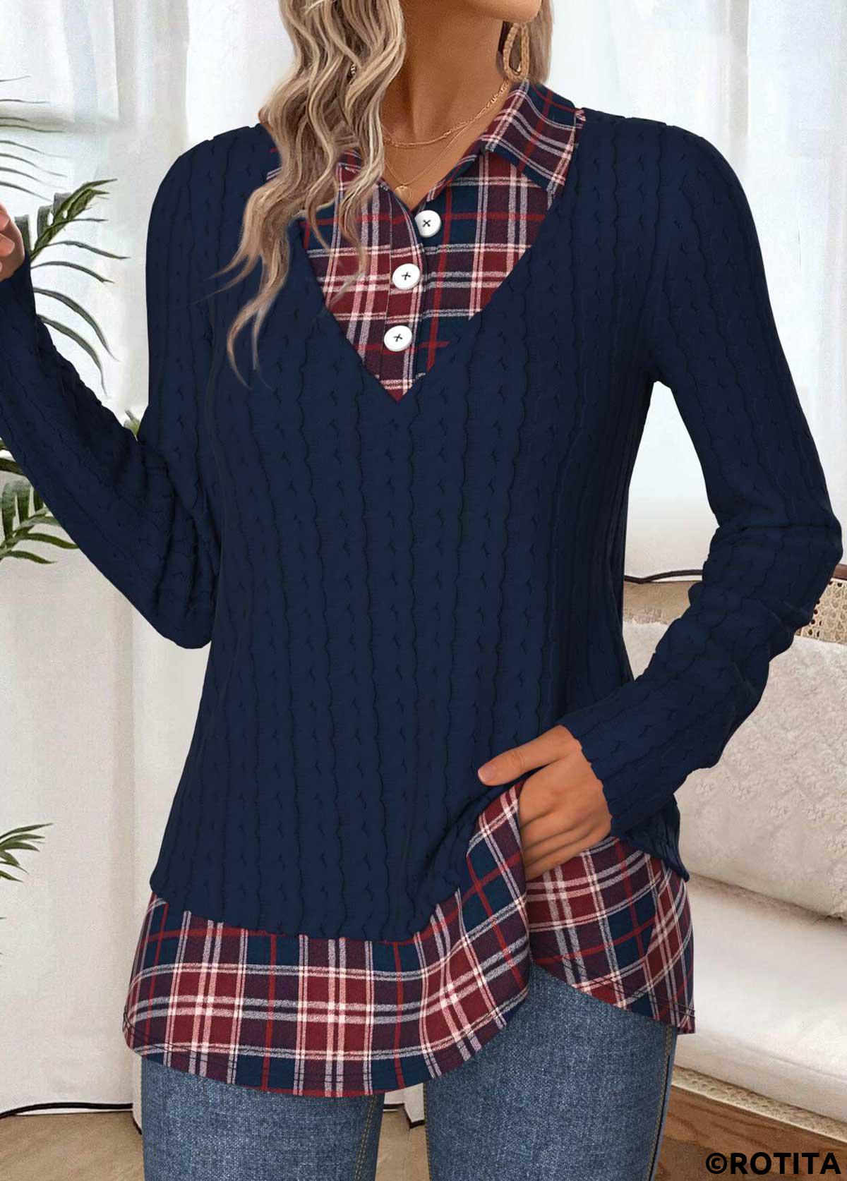 Navy tops,Plaid tops,Geometric tops,ROTITA Tummy Coverage Plaid Navy Fake Two Piece Twinset