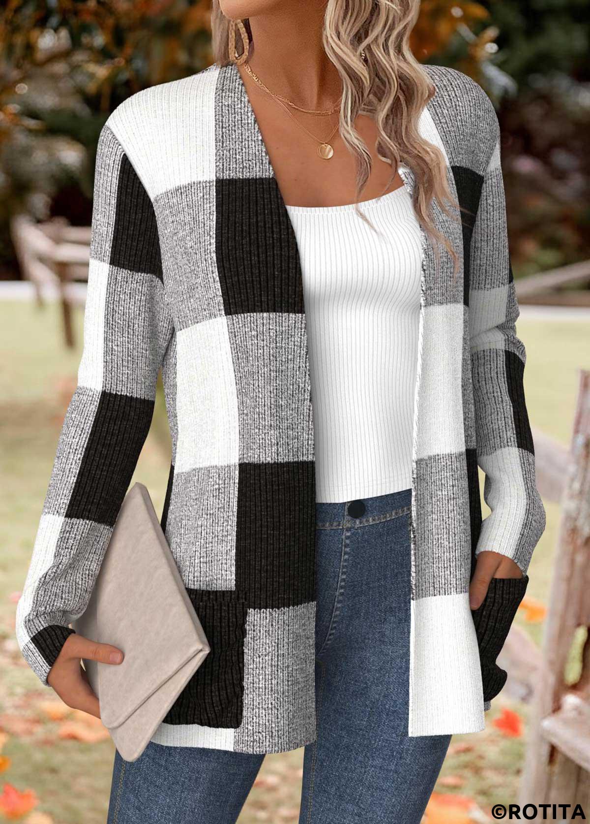 Black tops,Plaid tops,Geometric tops,ROTITA Tummy Coverage Plaid Black Long Sleeve Coat