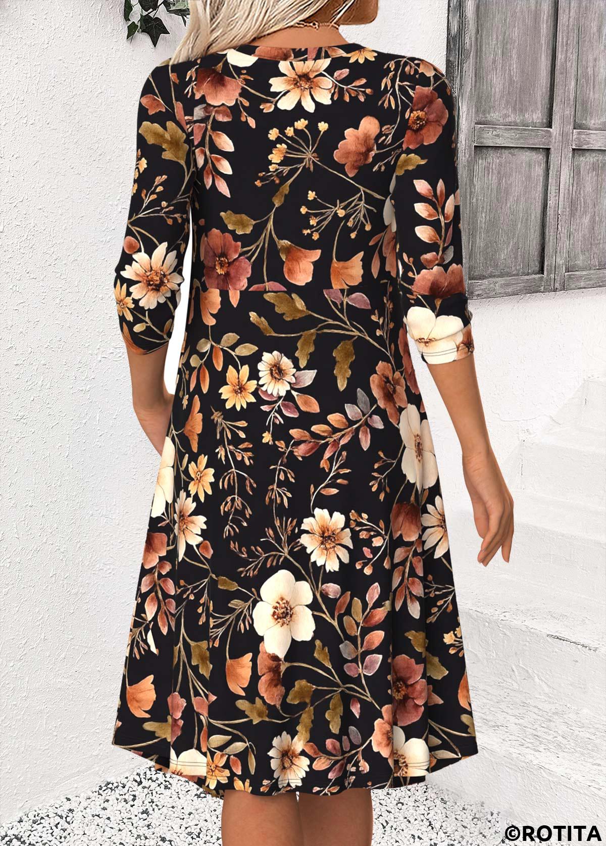 Black dresses,Floral dresses,Plants dresses,Casual dresses,ROTITA Tummy Coverage Floral Print Black Heart Collar Dress
