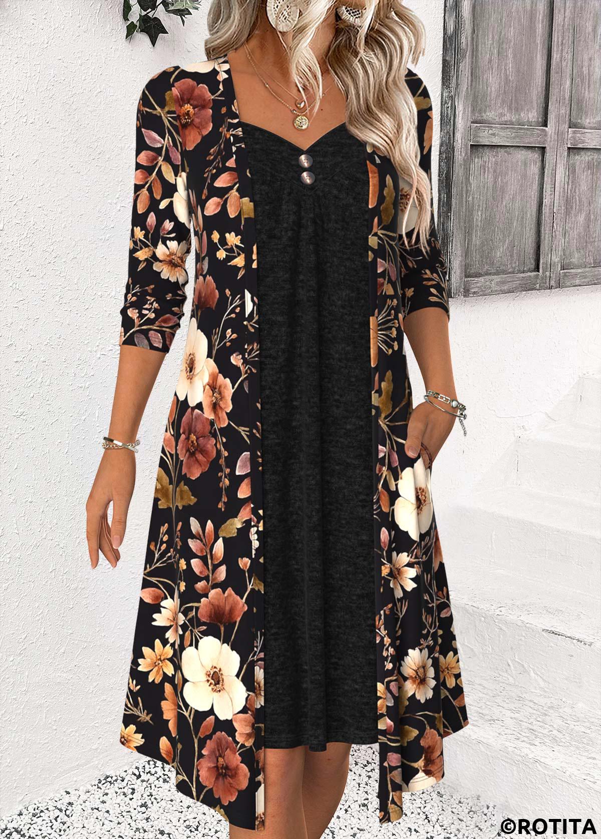 Black dresses,Floral dresses,Plants dresses,Casual dresses,ROTITA Tummy Coverage Floral Print Black Heart Collar Dress