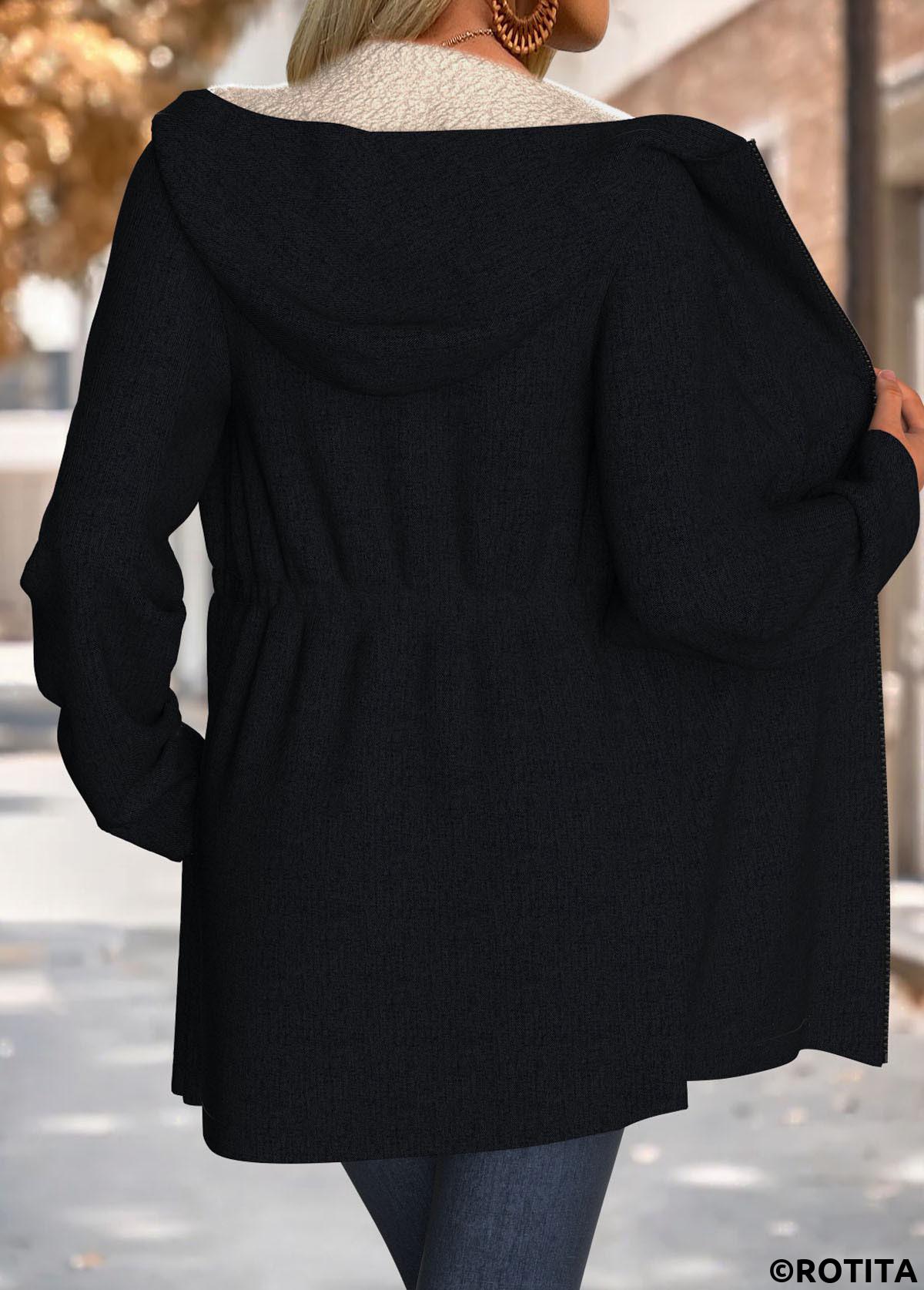Black tops,Contrast Color tops,ROTITA Tummy Coverage Black Hooded Long Sleeve Coat