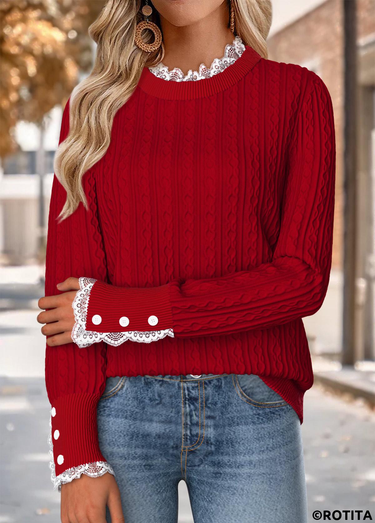 Red tops,Plain Color tops,ROTITA Red Sweater