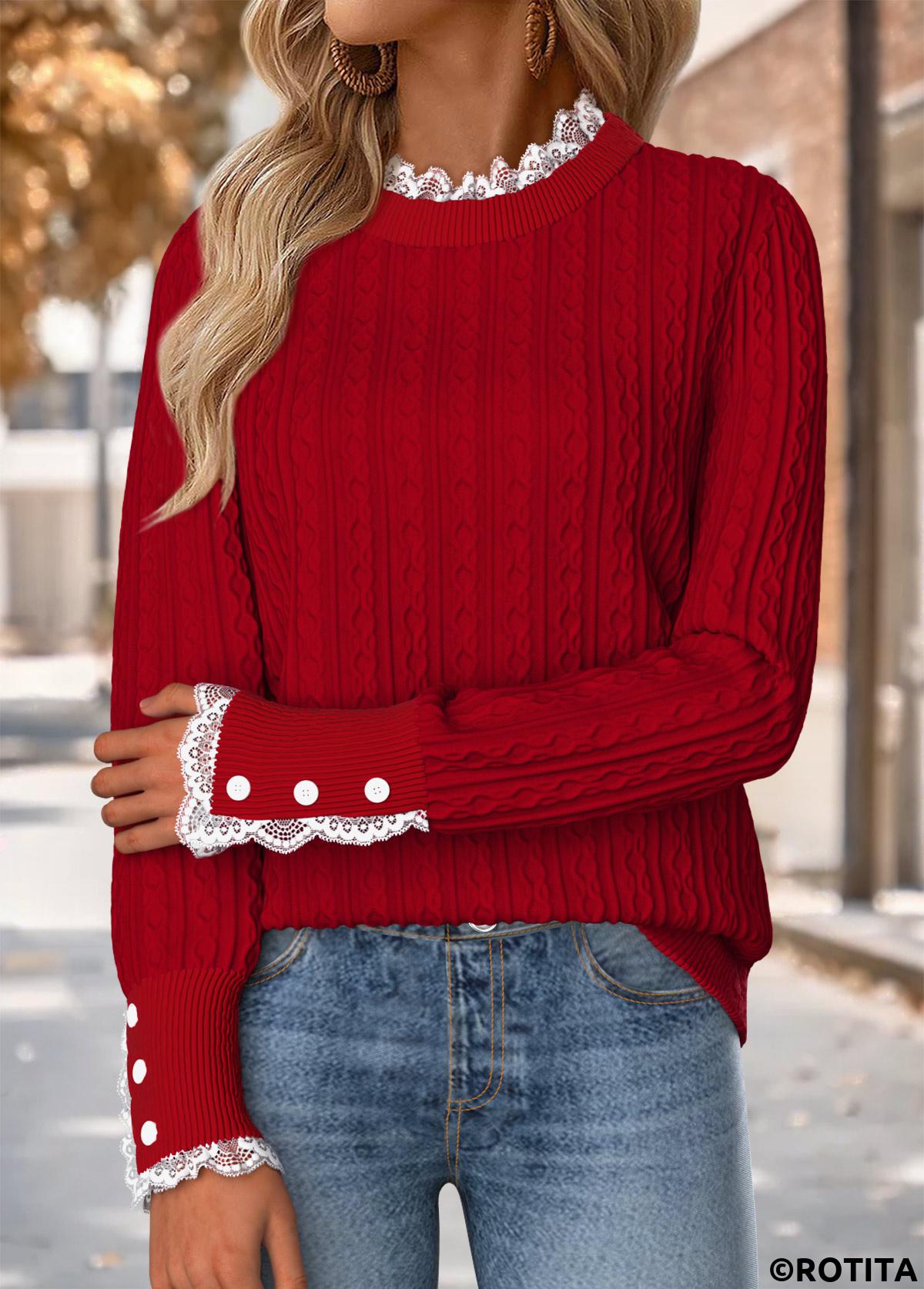Red tops,Plain Color tops,ROTITA Red Sweater