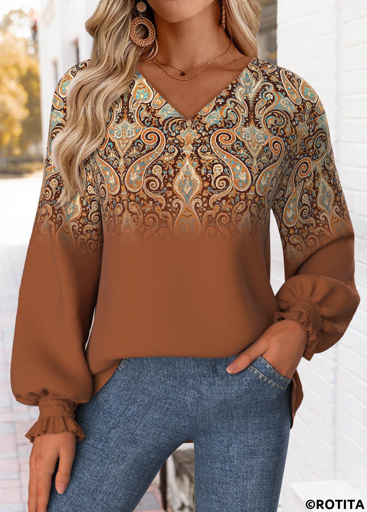 Dark Coffee tops,Tribal tops,ROTITA Curved Hem Tribal Print Dark Coffee V Neck Sweatshirt