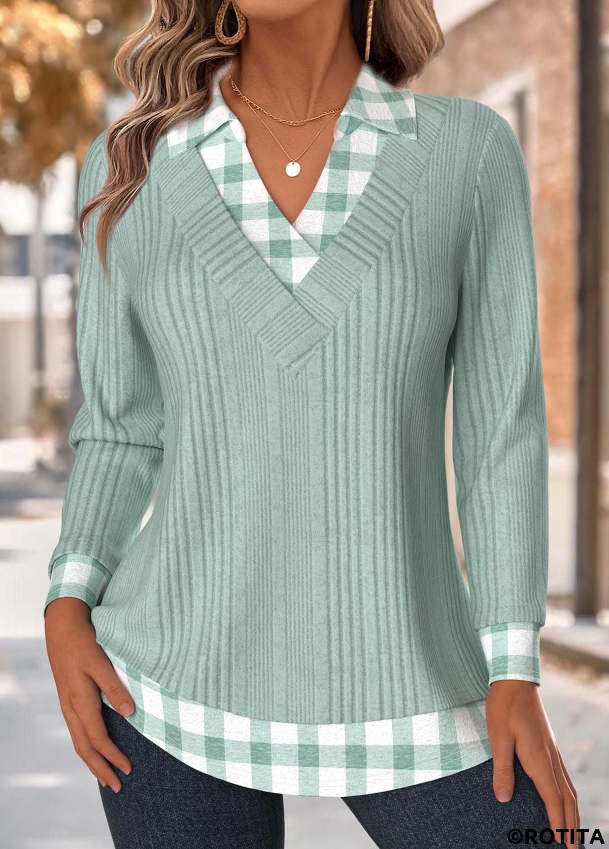 Light Green tops,Plaid tops,Geometric tops,ROTITA Tummy Coverage Plaid Light Green Long Sleeve T Shirt