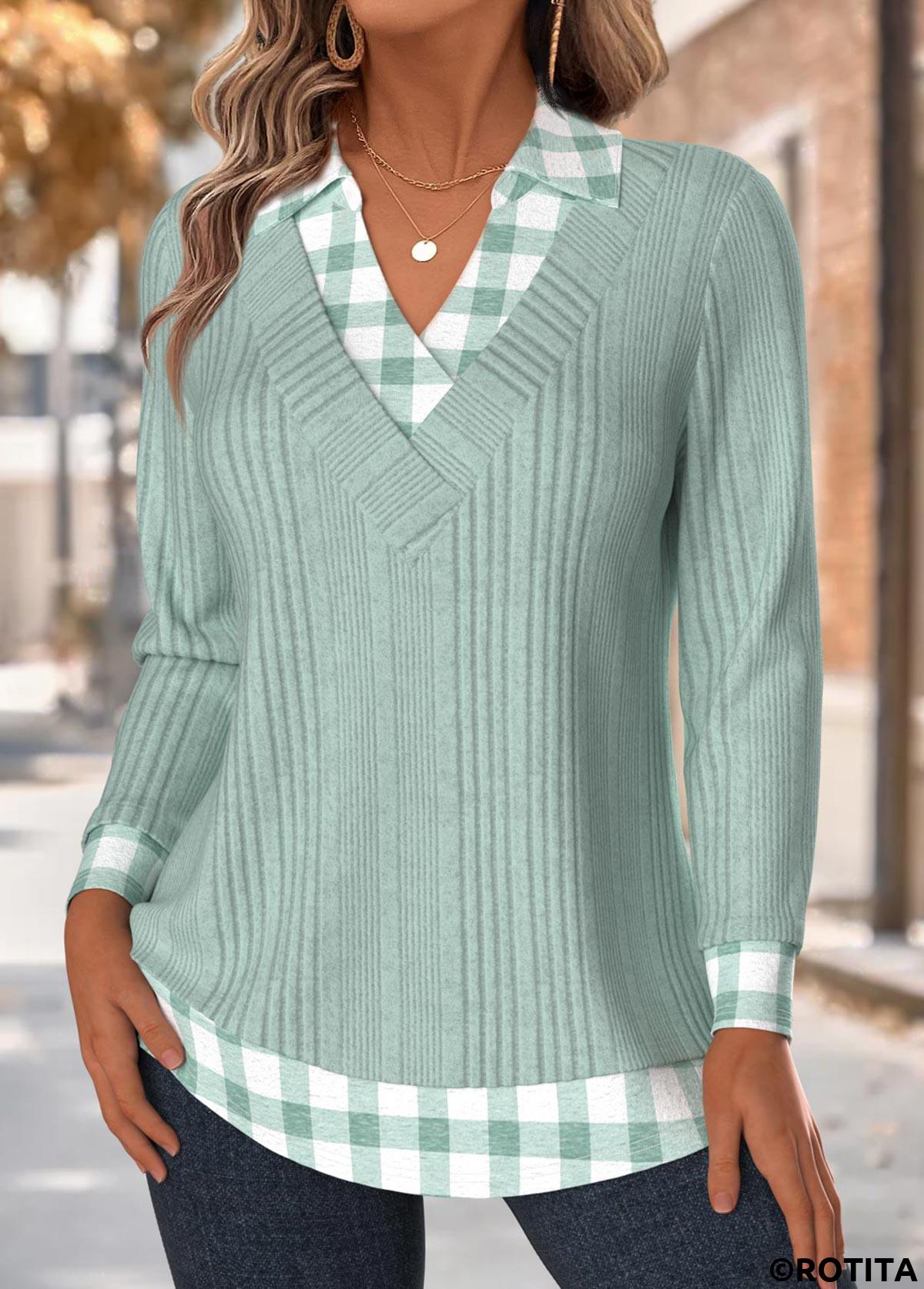 Light Green tops,Plaid tops,Geometric tops,ROTITA Tummy Coverage Plaid Light Green Long Sleeve T Shirt