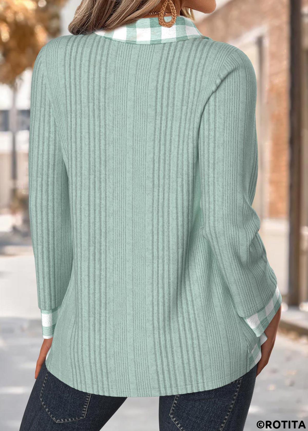 Light Green tops,Plaid tops,Geometric tops,ROTITA Tummy Coverage Plaid Light Green Long Sleeve T Shirt