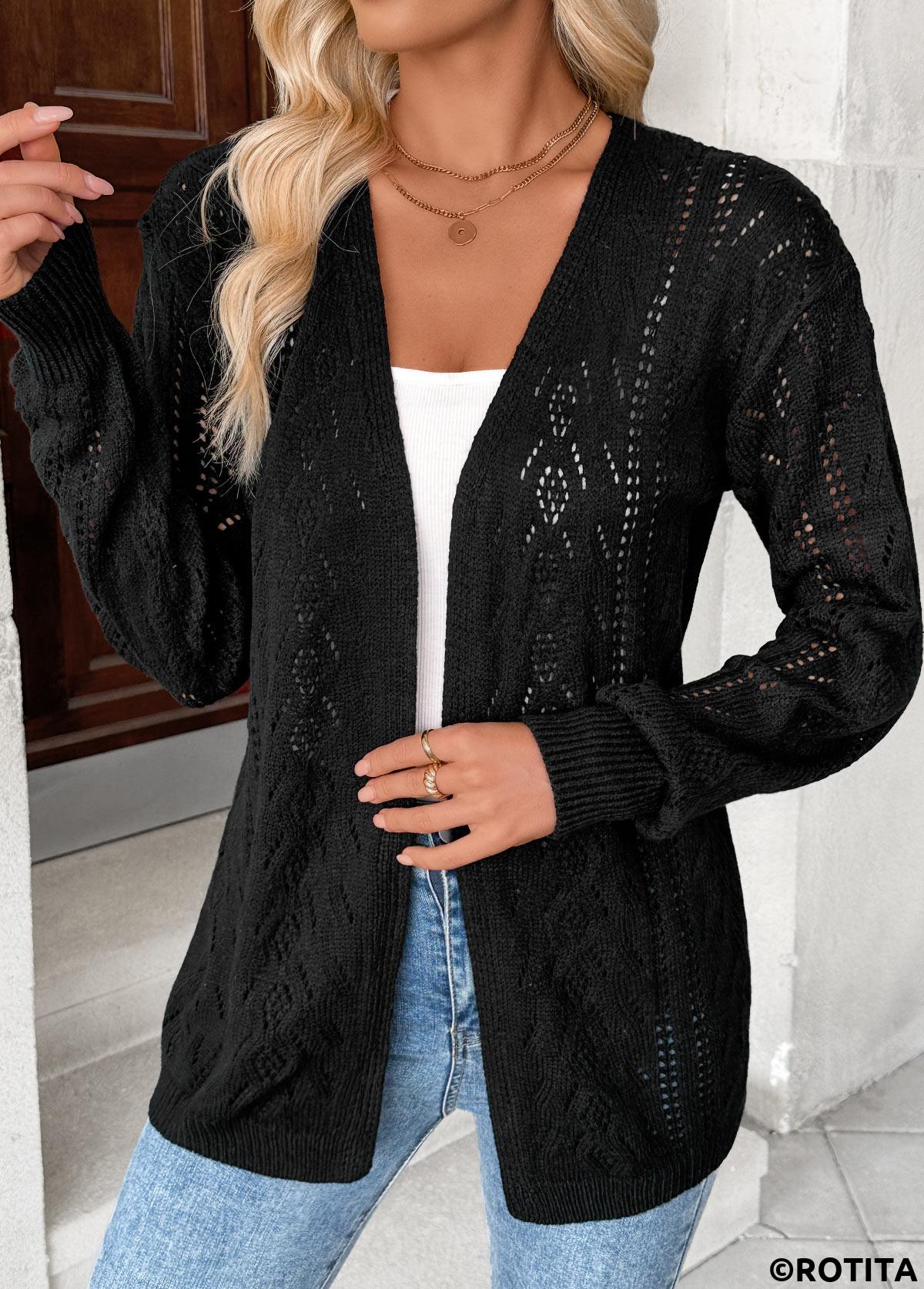 Black tops,Plain Color tops,Black Color Long Sleeve Tunic Cardigan