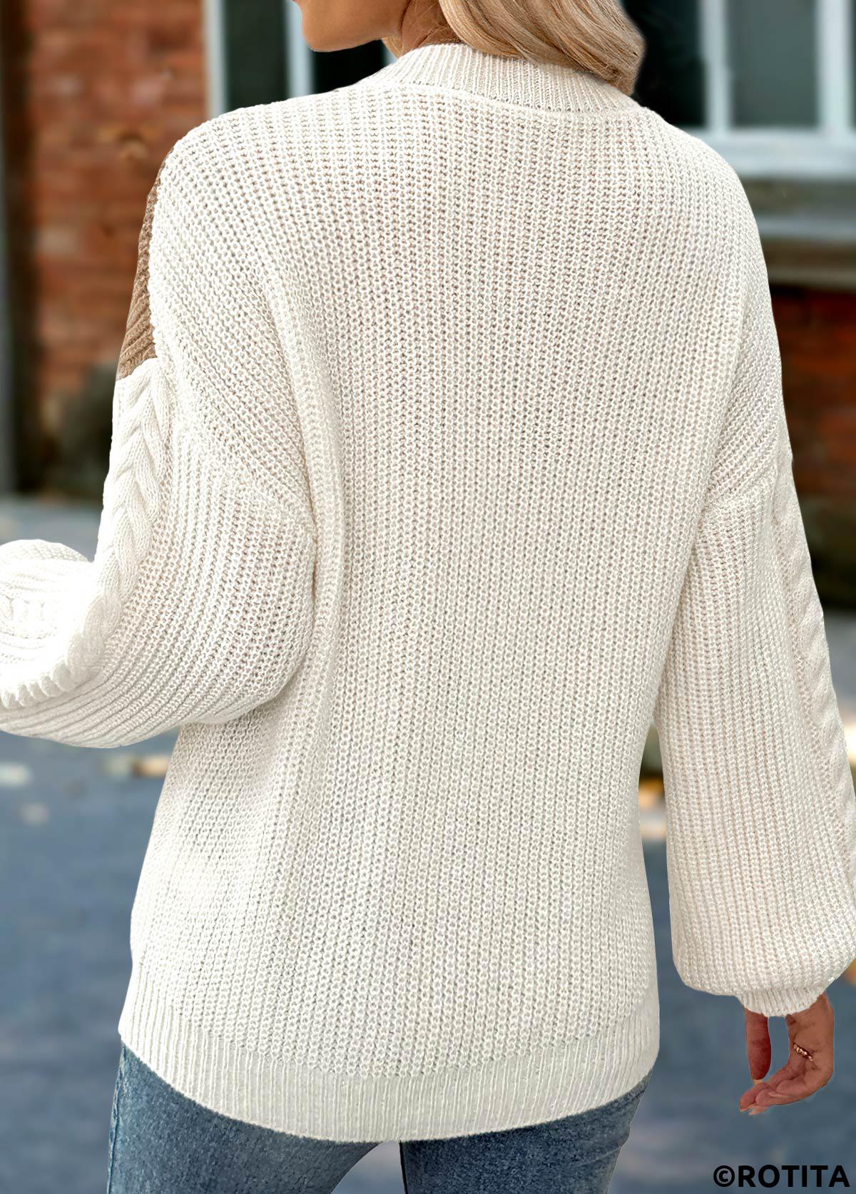 Light Camel tops,Contrast Color tops,Tummy Coverage Light Camel Round Neck Long Sleeve Sweater