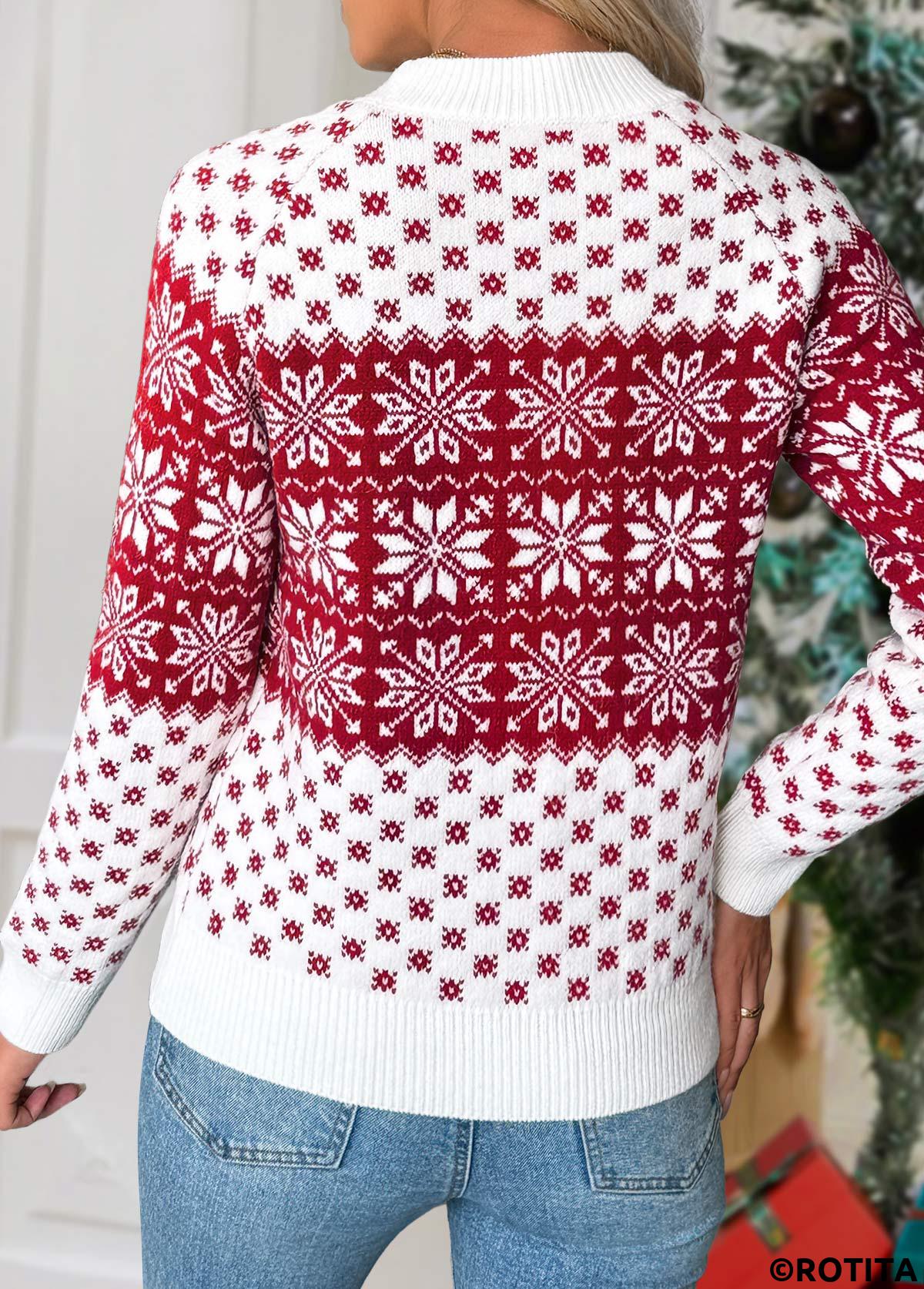 Wine Red tops,Christmas tops,Christmas Tummy Coverage Snowflake Print Wine Red Sweater