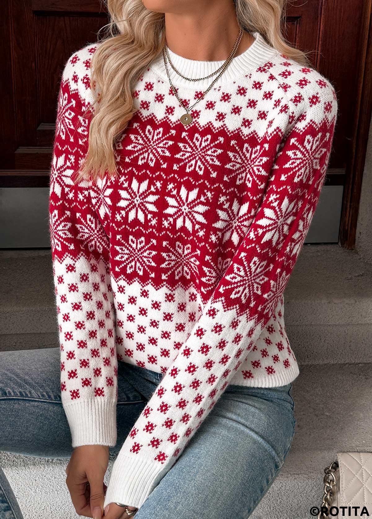 Wine Red tops,Christmas tops,Christmas Tummy Coverage Snowflake Print Wine Red Sweater