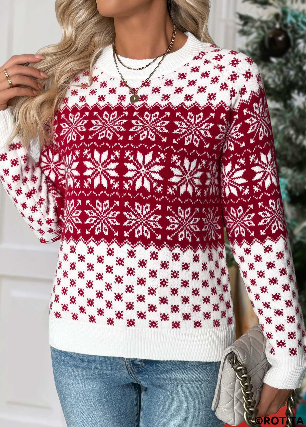 Wine Red tops,Christmas tops,Christmas Tummy Coverage Snowflake Print Wine Red Sweater