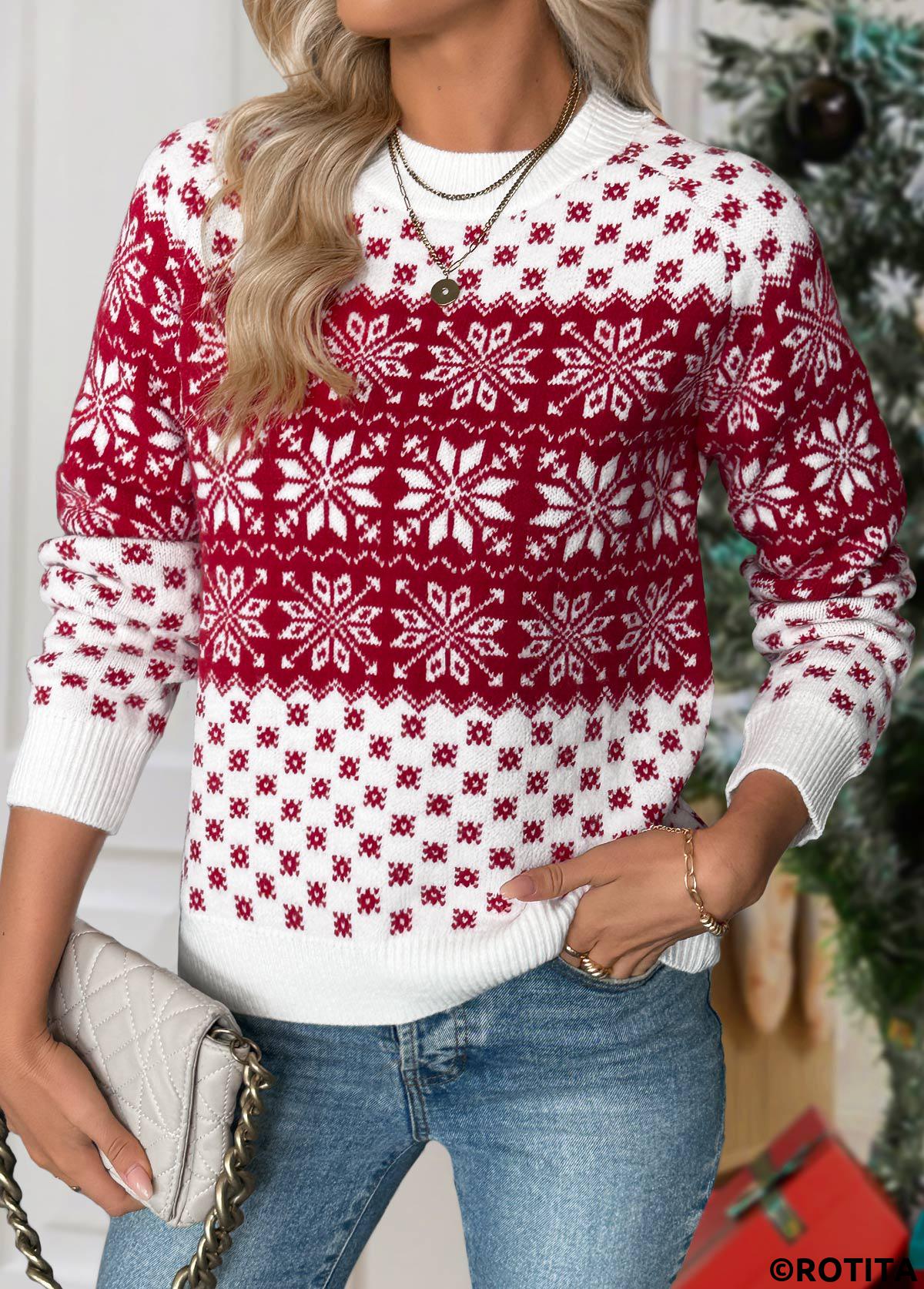 Wine Red tops,Christmas tops,Christmas Tummy Coverage Snowflake Print Wine Red Sweater