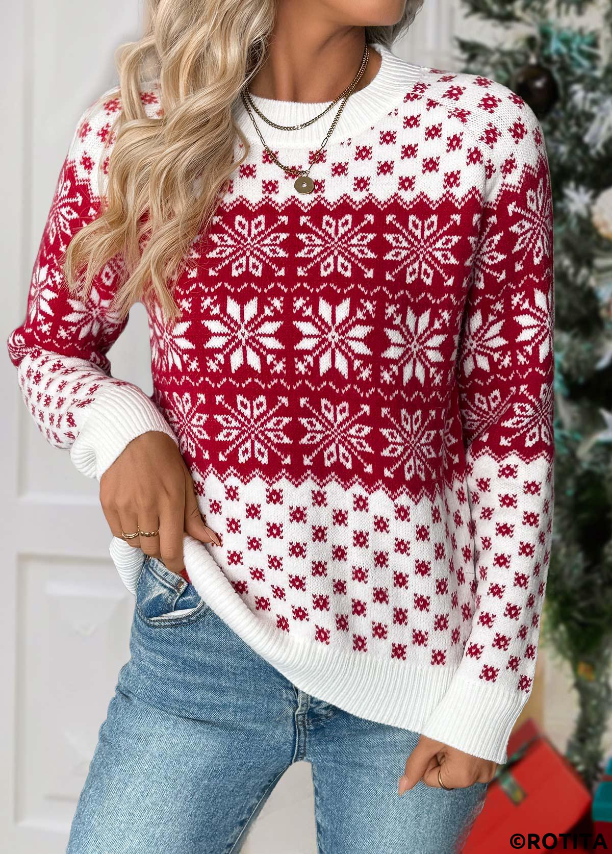 Wine Red tops,Christmas tops,Christmas Tummy Coverage Snowflake Print Wine Red Sweater