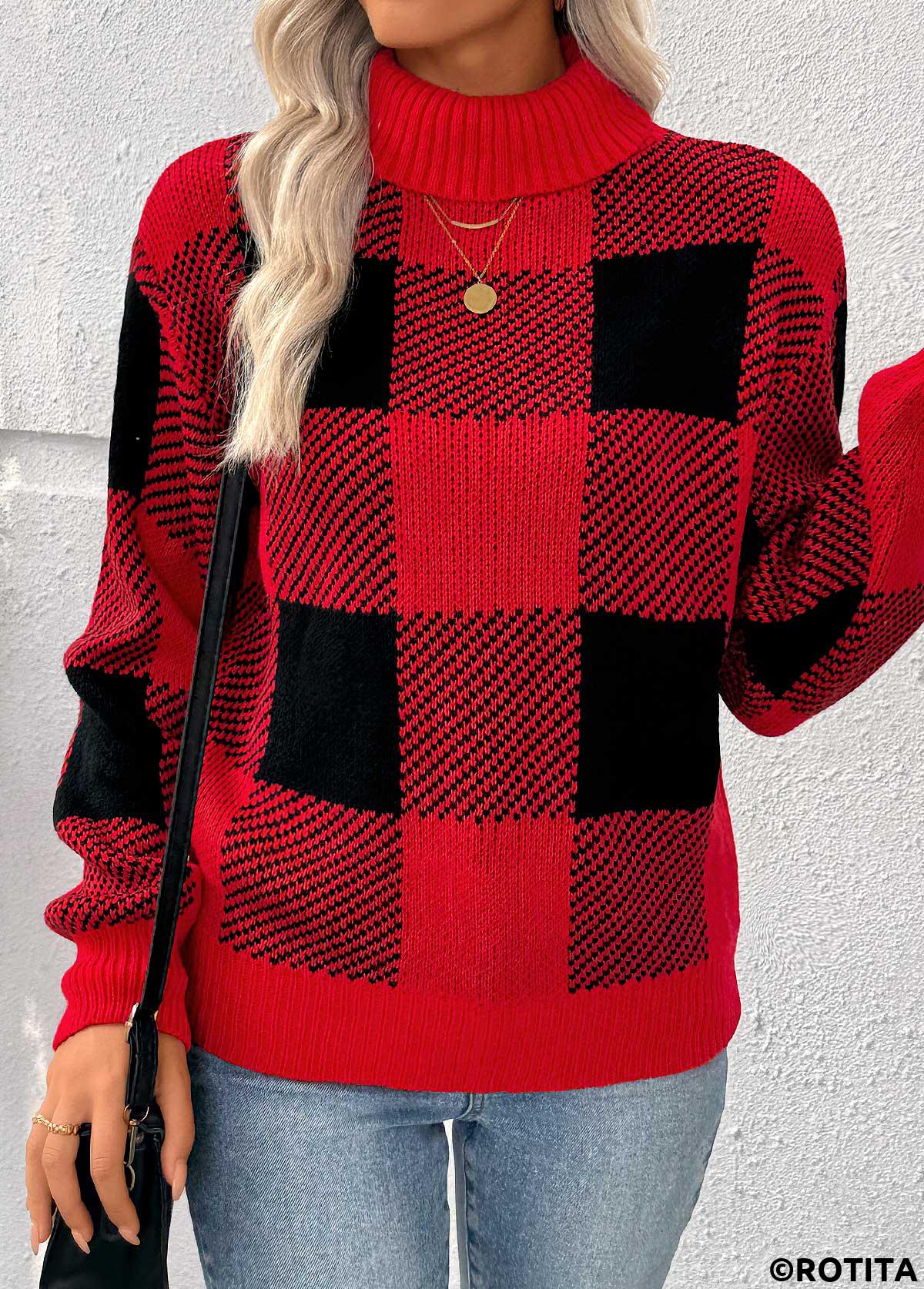 Red tops,Plaid tops,Geometric tops,Tummy Coverage Plaid Red High Neck Long Sleeve Sweater