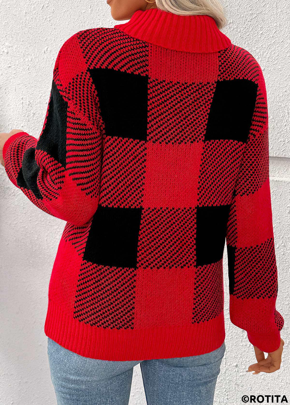Red tops,Plaid tops,Geometric tops,Tummy Coverage Plaid Red High Neck Long Sleeve Sweater
