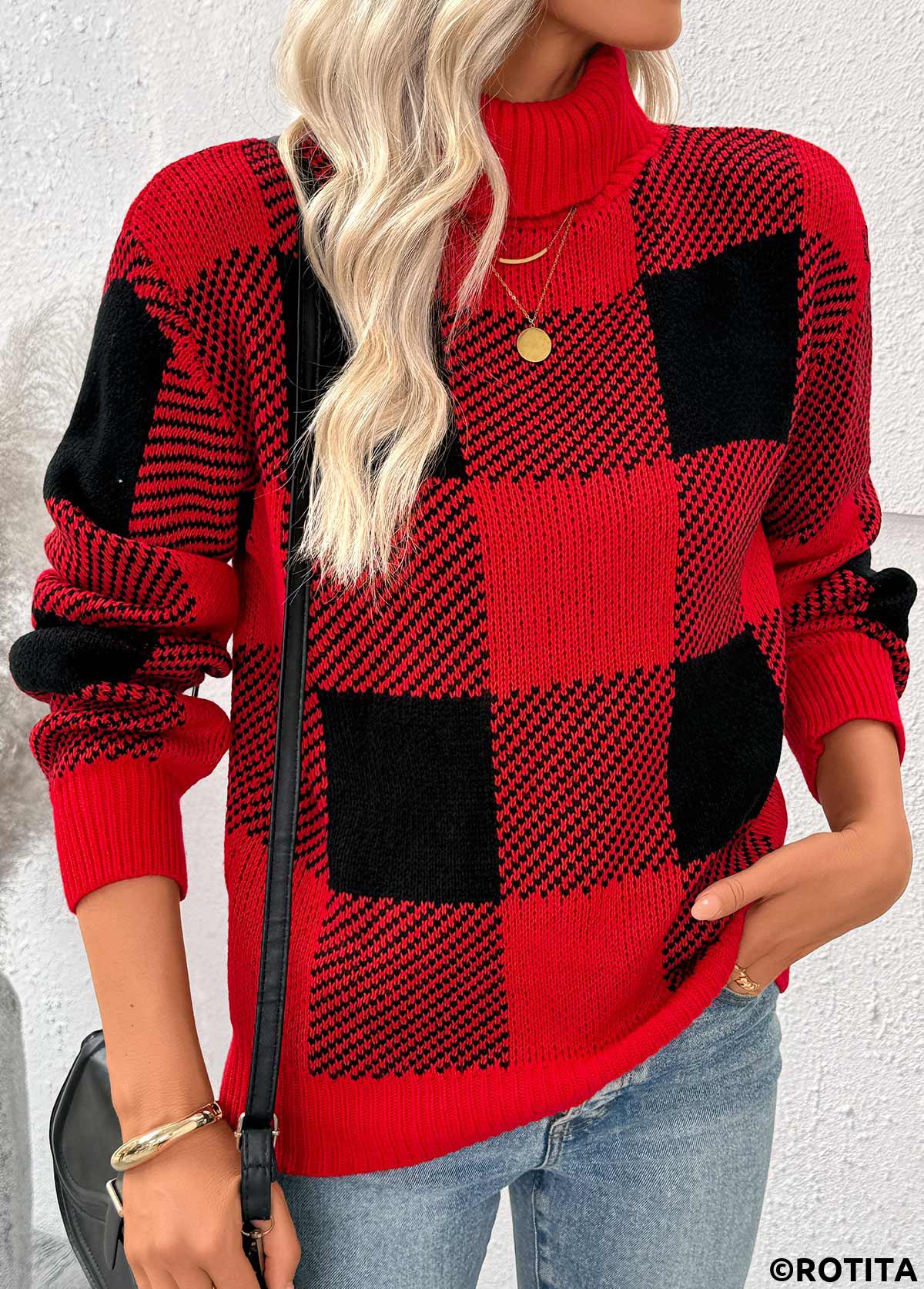 Red tops,Plaid tops,Geometric tops,Tummy Coverage Plaid Red High Neck Long Sleeve Sweater