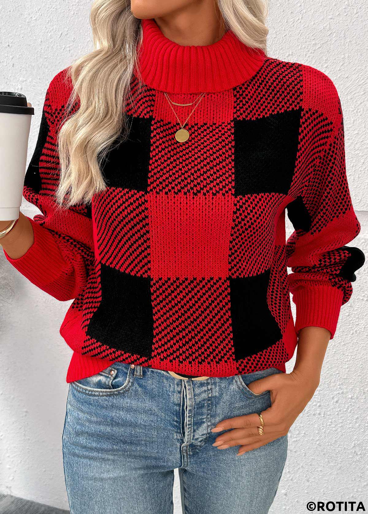 Red tops,Plaid tops,Geometric tops,Tummy Coverage Plaid Red High Neck Long Sleeve Sweater