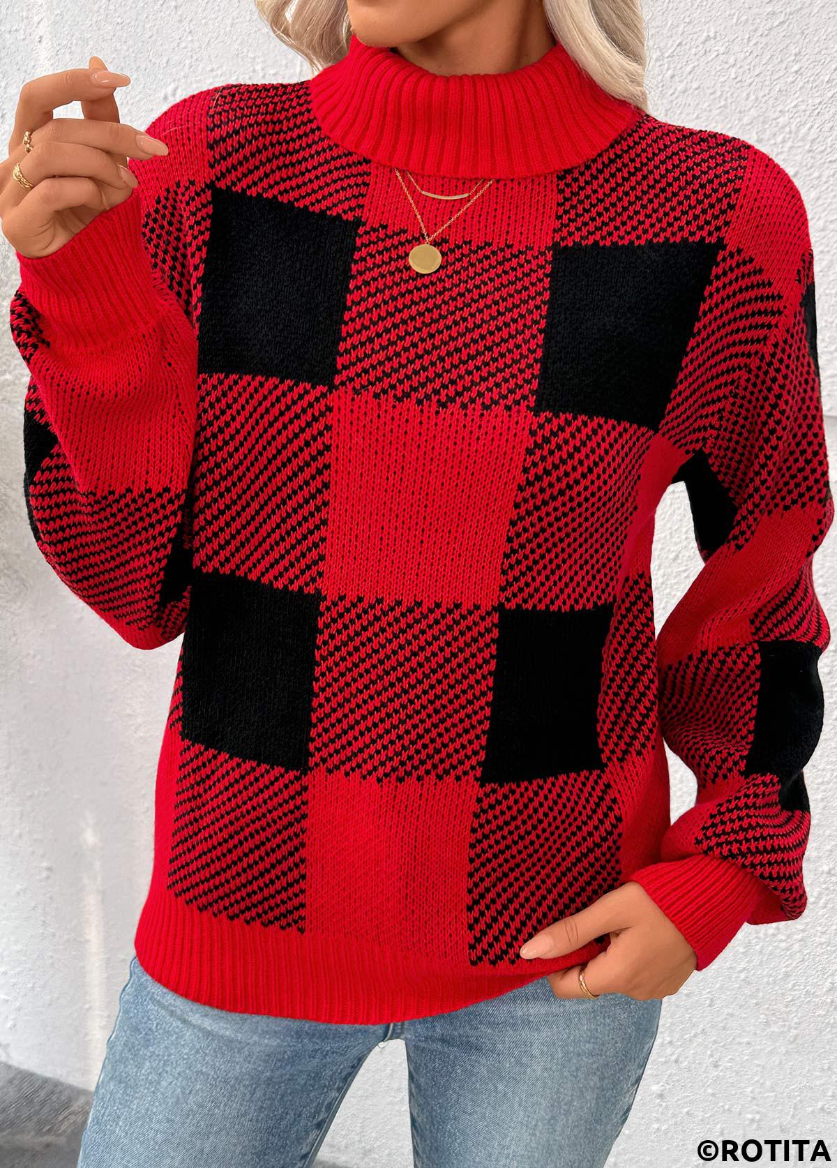 Red tops,Plaid tops,Geometric tops,Tummy Coverage Plaid Red High Neck Long Sleeve Sweater