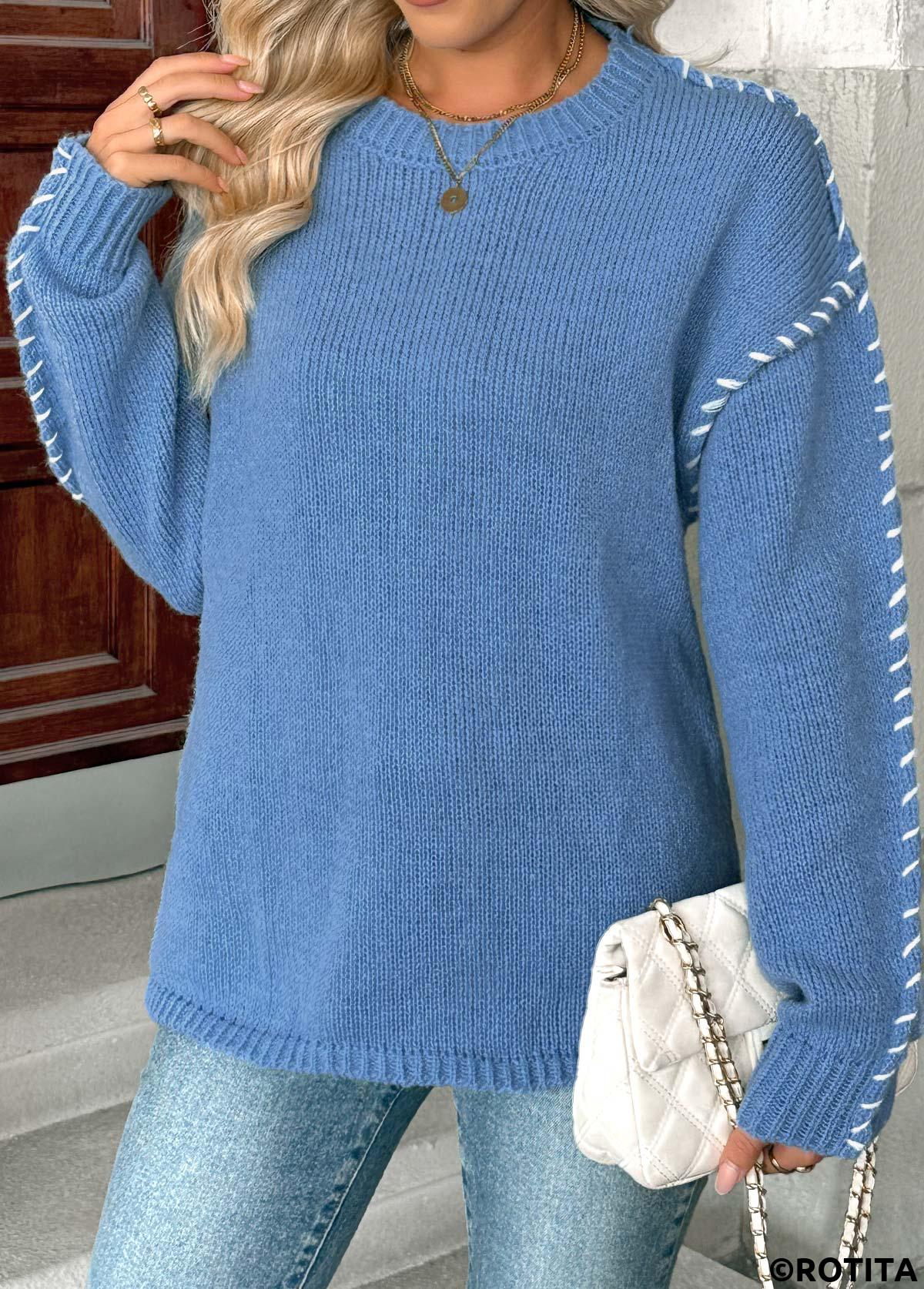 Dusty Blue tops,Plain Color tops,Tummy Coverage Dusty Blue Round Neck Long Sleeve Sweater