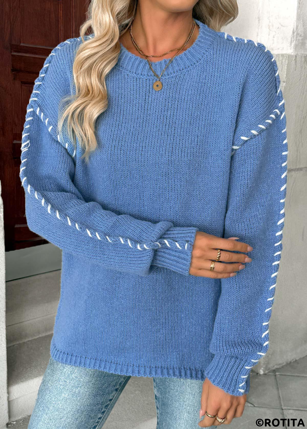 Dusty Blue tops,Plain Color tops,Tummy Coverage Dusty Blue Round Neck Long Sleeve Sweater