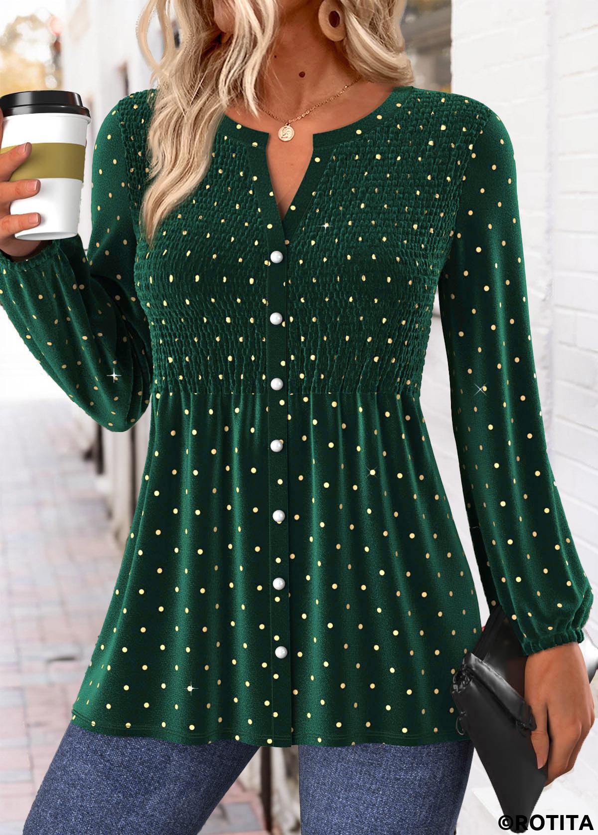 Green tops,Dot tops,ROTITA Peplum Polka Dot Green Split Neck Long Sleeve Blouse