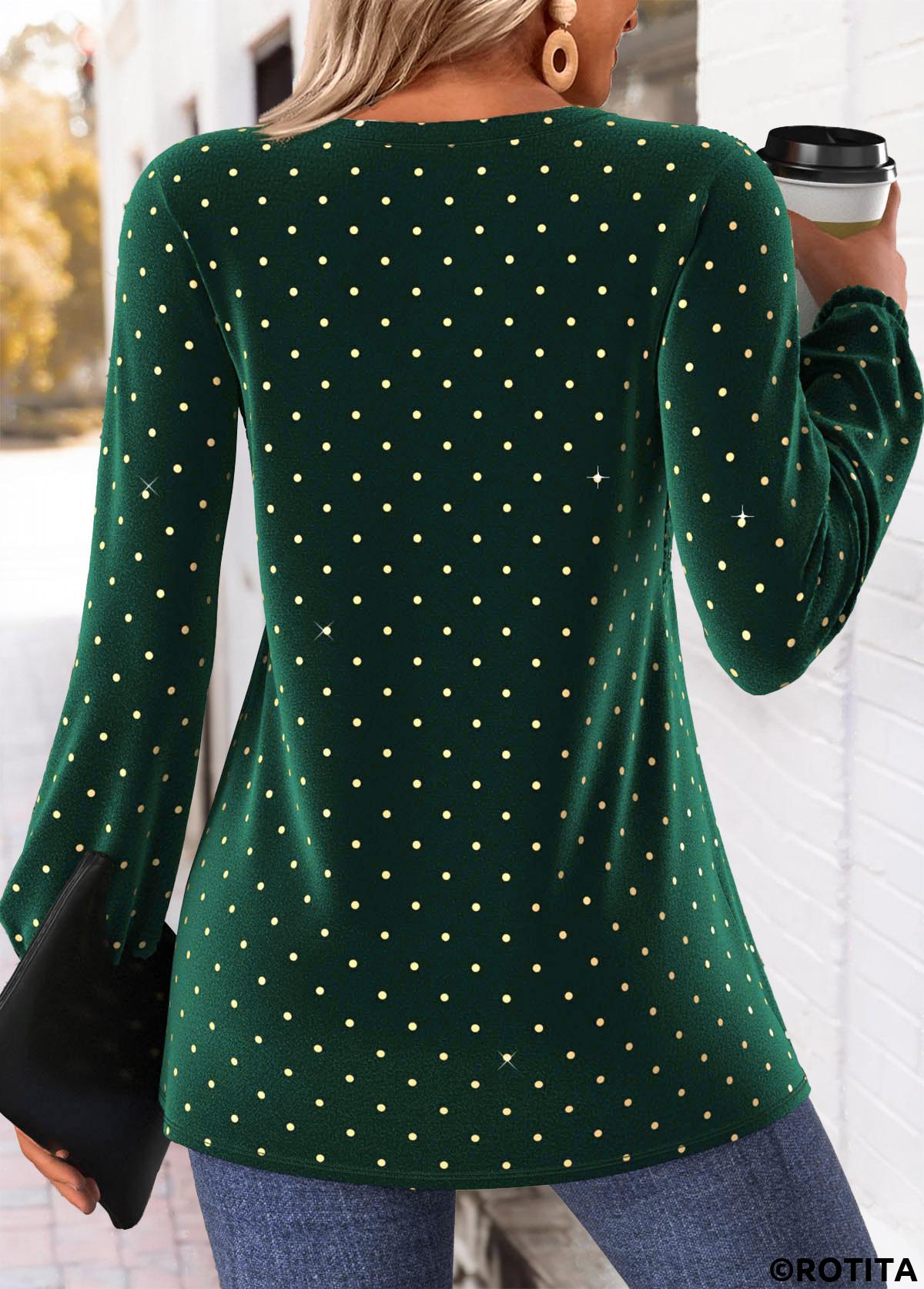 Green tops,Dot tops,ROTITA Peplum Polka Dot Green Split Neck Long Sleeve Blouse