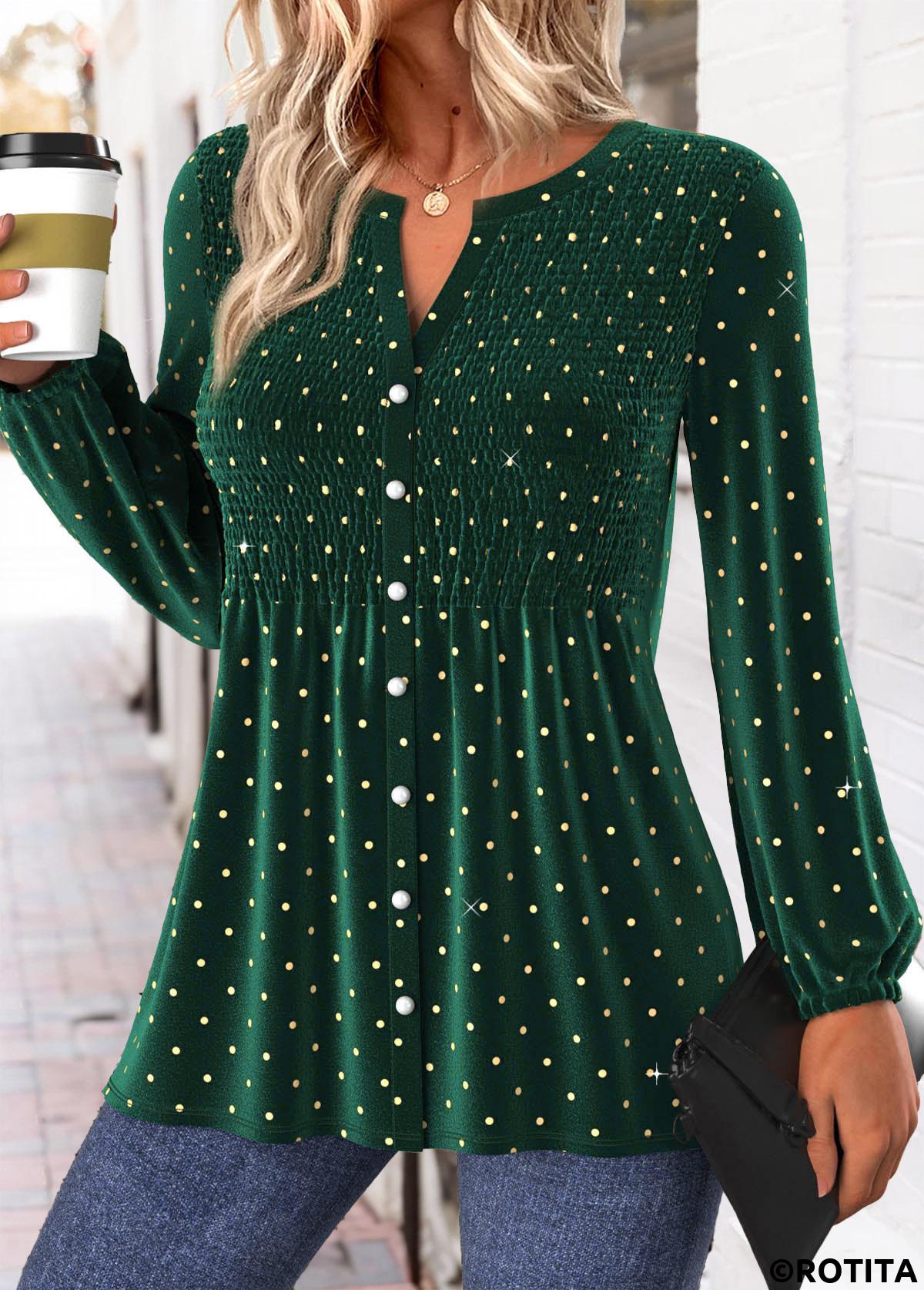 Green tops,Dot tops,ROTITA Peplum Polka Dot Green Split Neck Long Sleeve Blouse