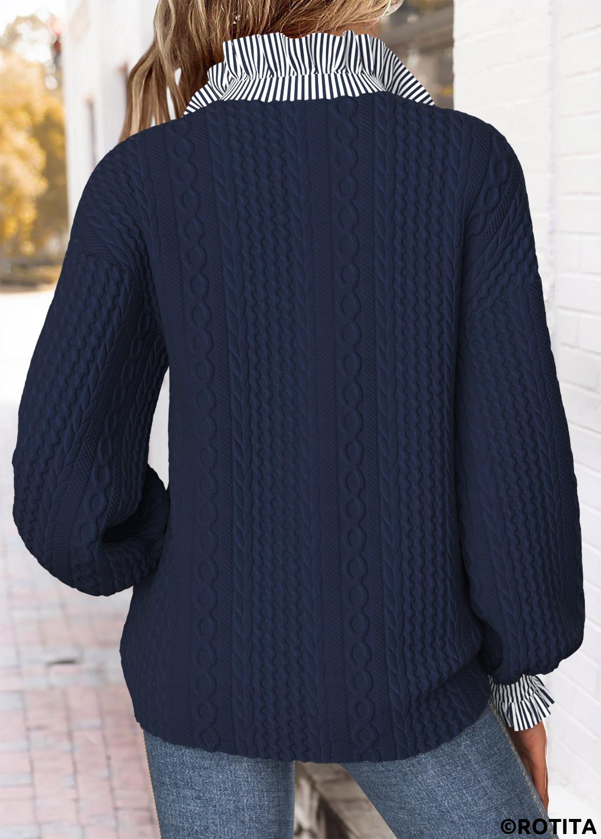 Navy tops,Striped tops,Geometric tops,ROTITA Curved Hem Striped Navy Stand Collar Long Sleeve Sweatshirt