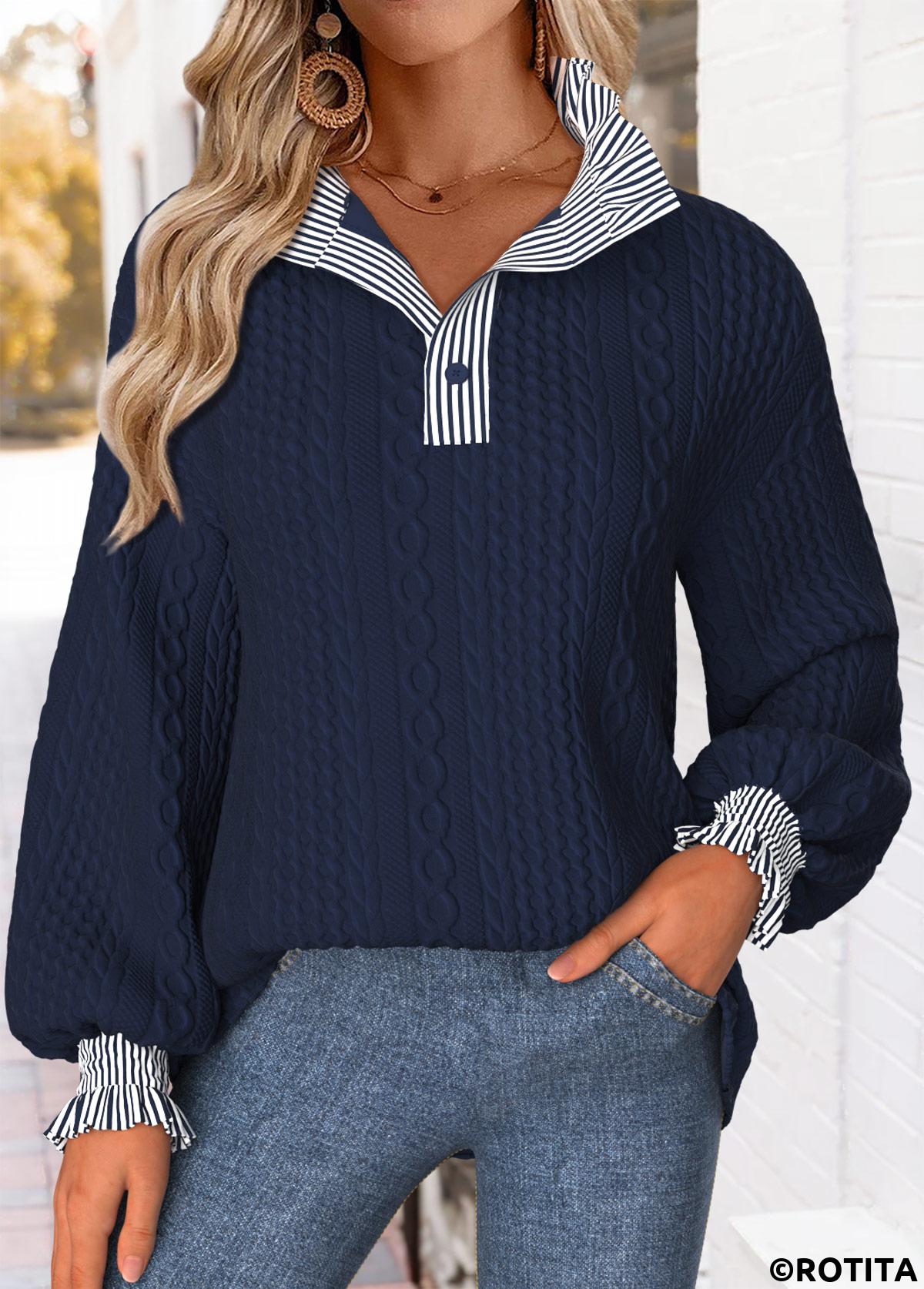 Navy tops,Striped tops,Geometric tops,ROTITA Curved Hem Striped Navy Stand Collar Long Sleeve Sweatshirt