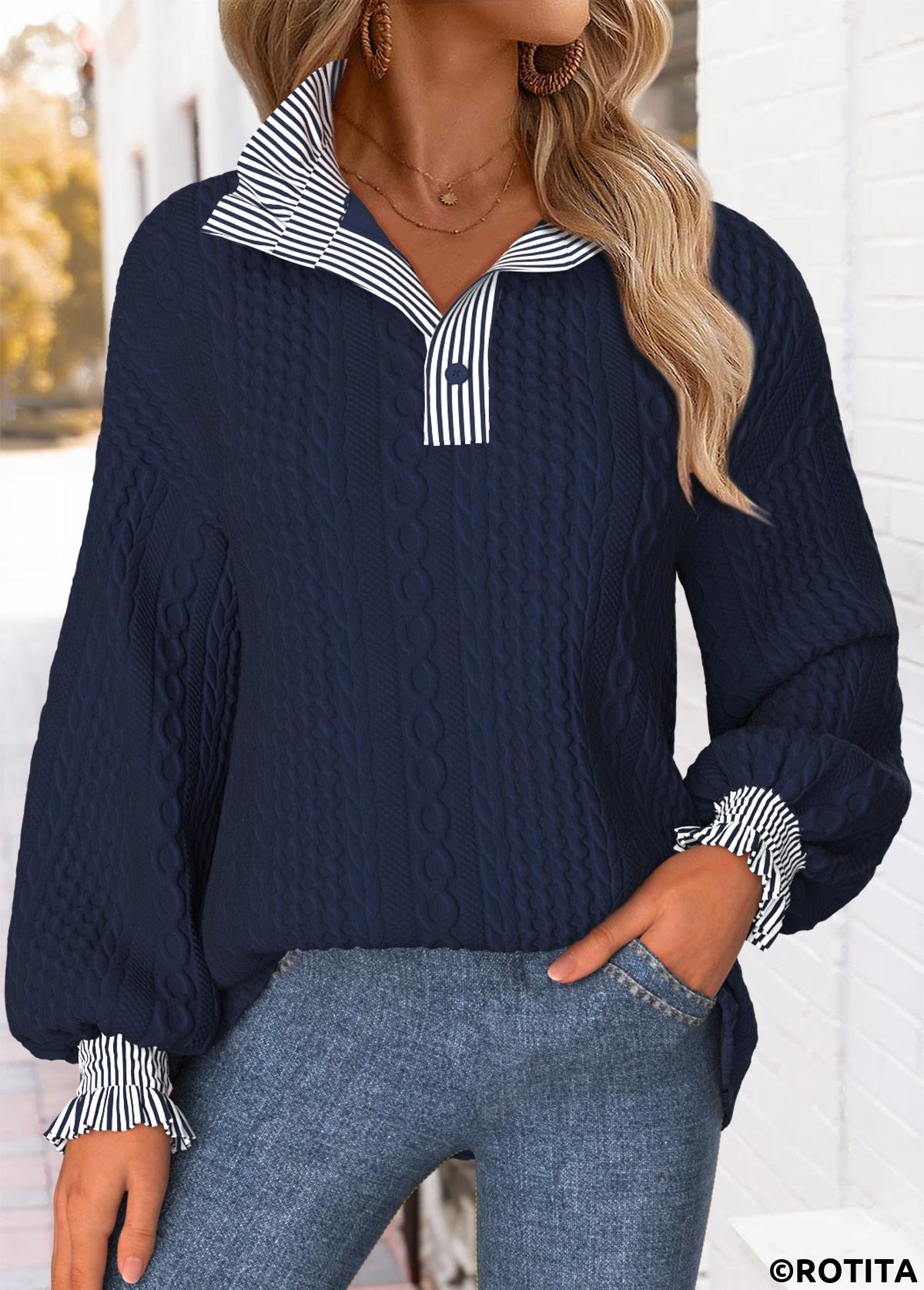 Navy tops,Striped tops,Geometric tops,ROTITA Curved Hem Striped Navy Stand Collar Long Sleeve Sweatshirt