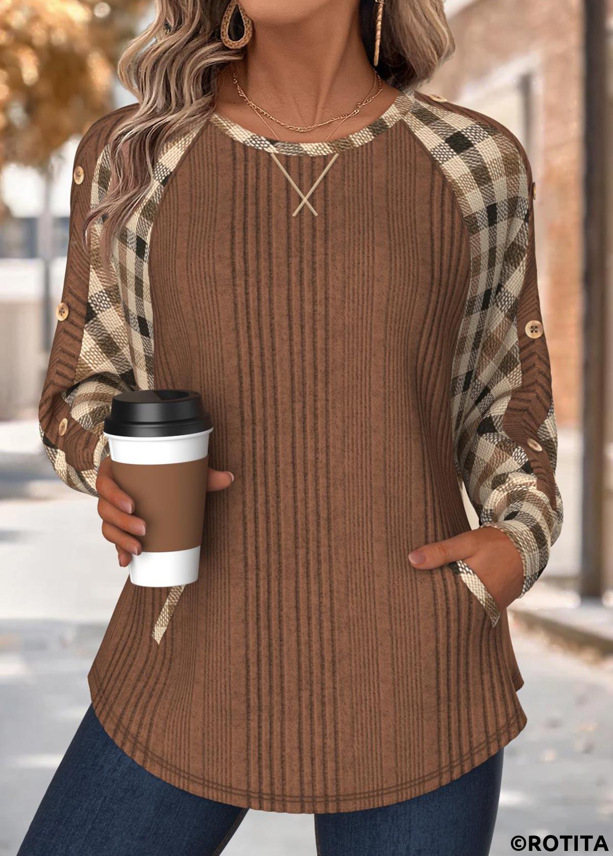 Dark Coffee tops,Plaid tops,Geometric tops,ROTITA Tummy Coverage Plaid Dark Coffee Round Neck Sweatshirt