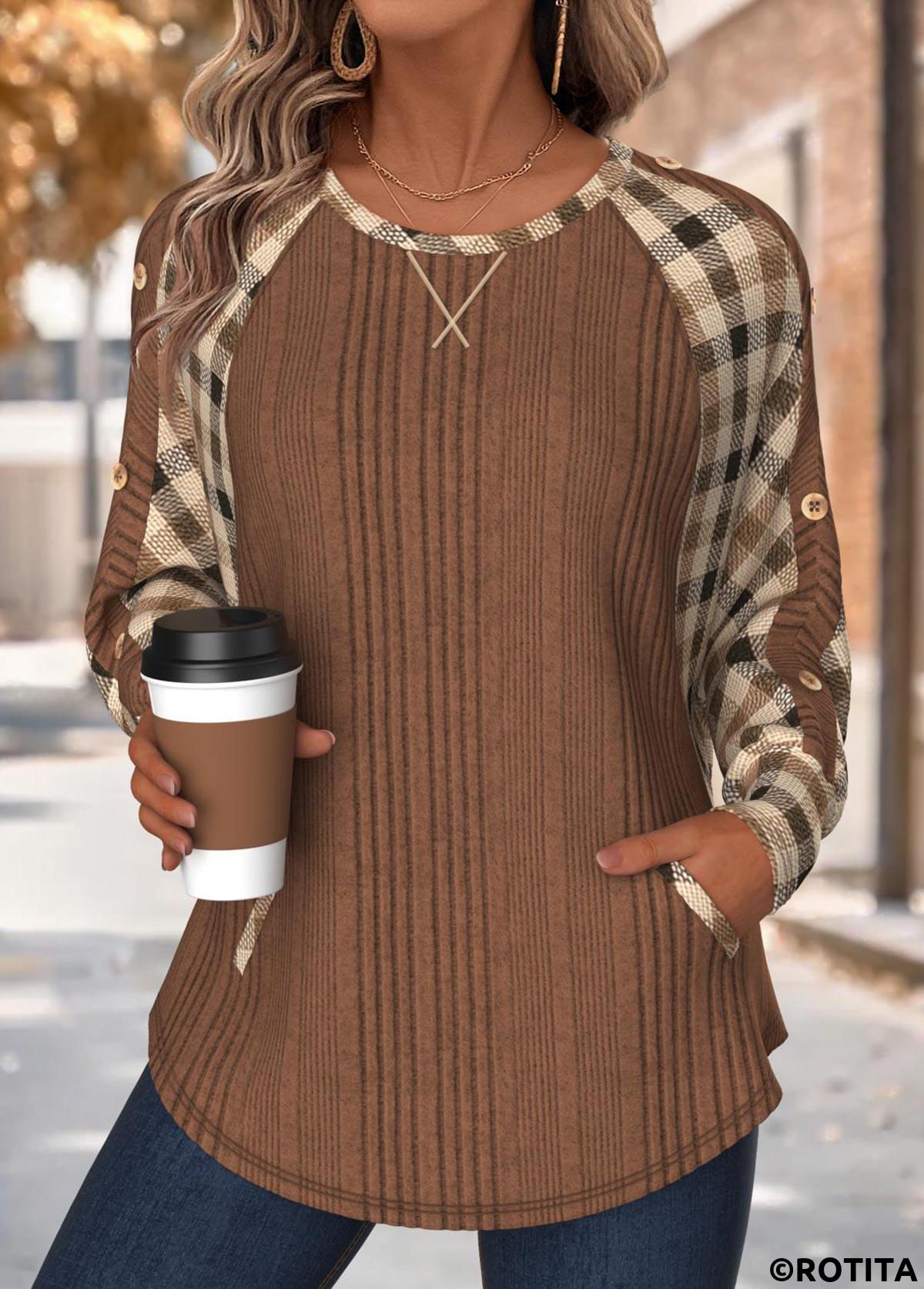 Dark Coffee tops,Plaid tops,Geometric tops,ROTITA Tummy Coverage Plaid Dark Coffee Round Neck Sweatshirt