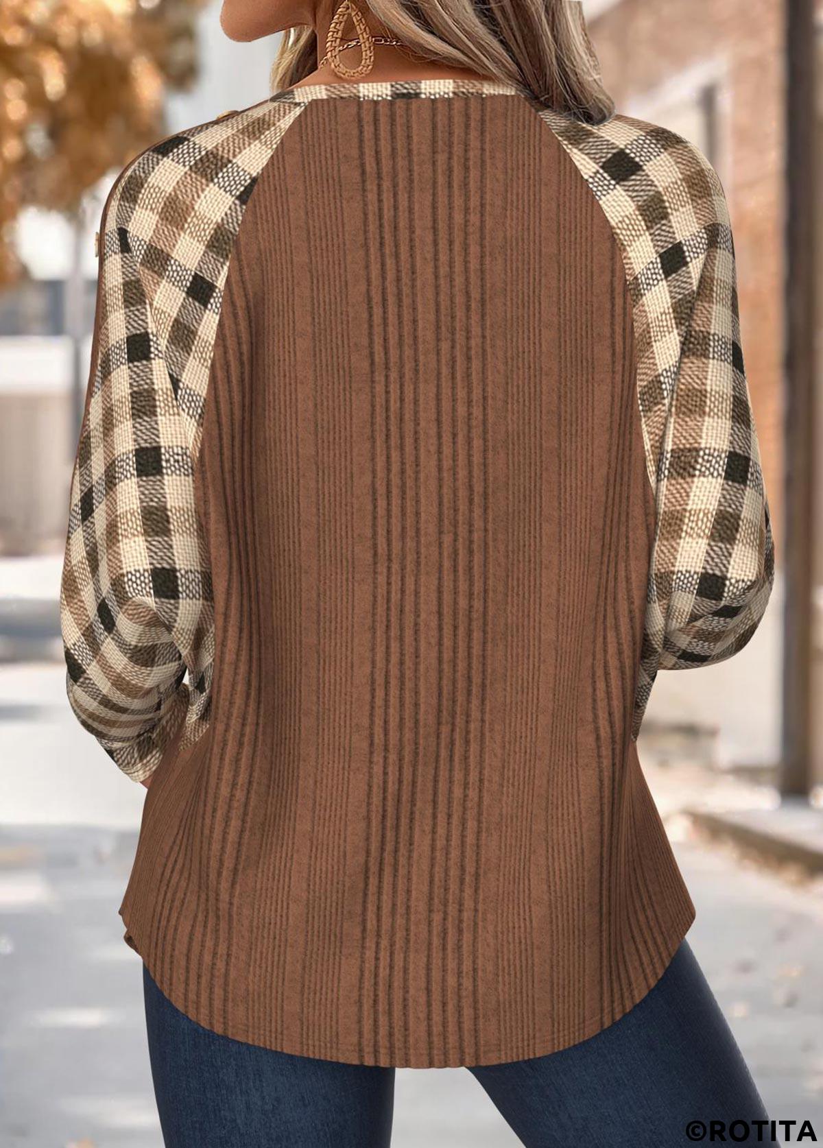 Dark Coffee tops,Plaid tops,Geometric tops,ROTITA Tummy Coverage Plaid Dark Coffee Round Neck Sweatshirt