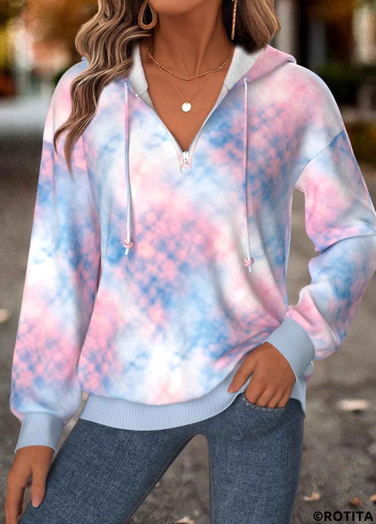 Multi Color tops,Tie Dye tops,ROTITA Tummy Coverage Tie Dye Print Multi Color Hoodie