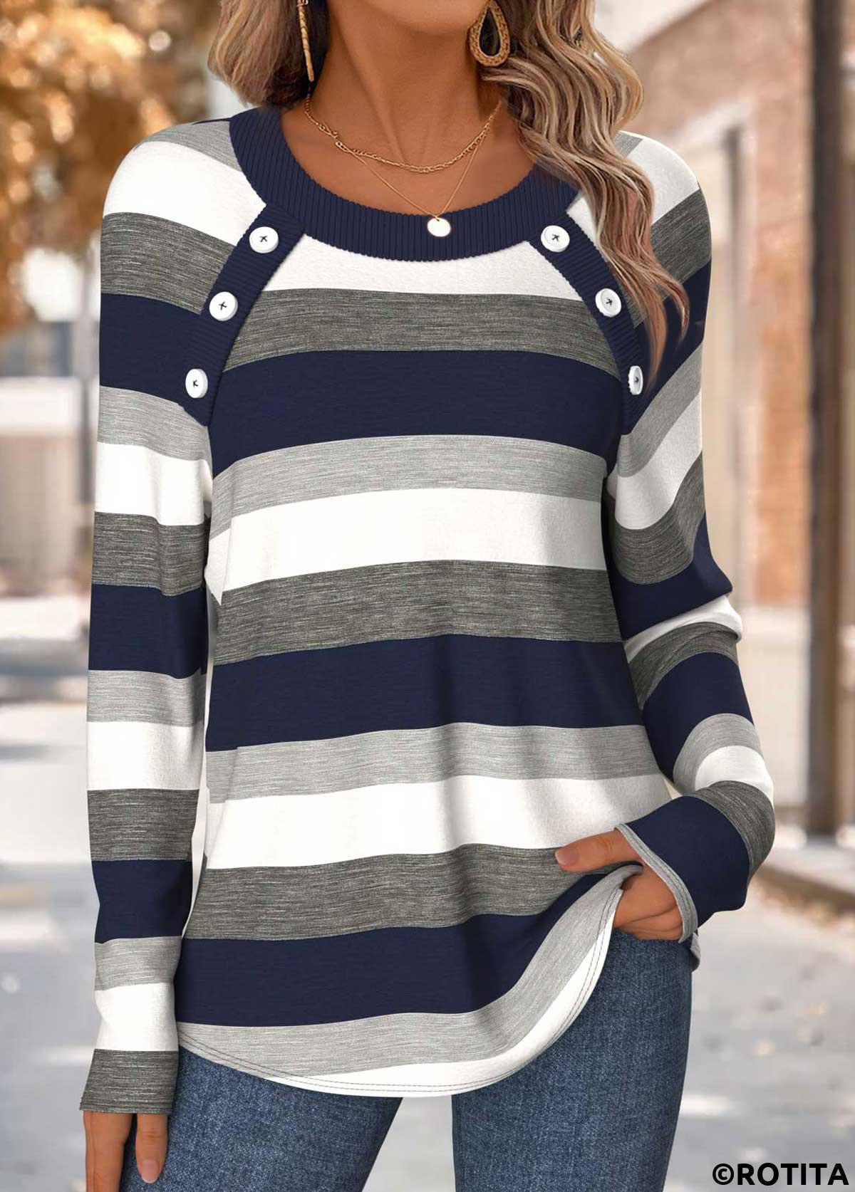 Navy tops,Striped tops,Geometric tops,ROTITA Tummy Coverage Striped Navy Round Neck T Shirt