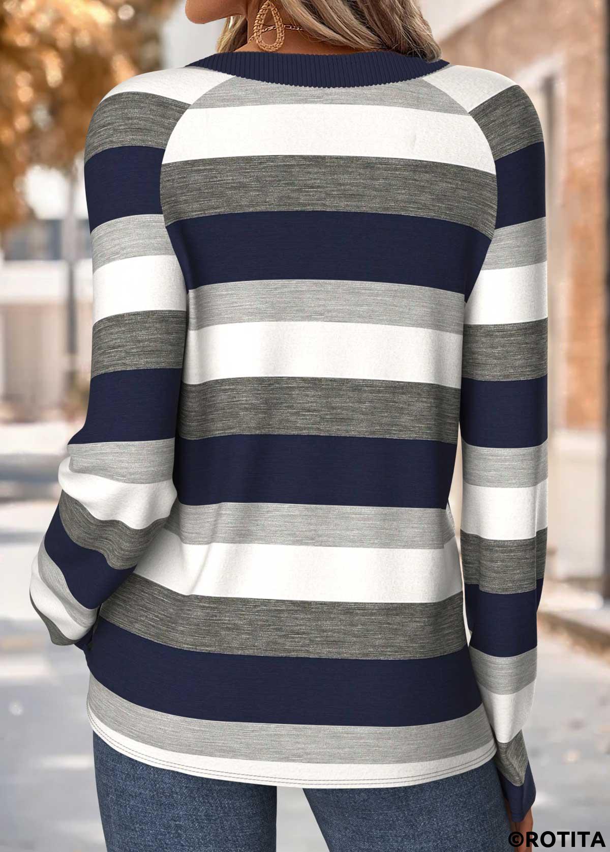 Navy tops,Striped tops,Geometric tops,ROTITA Tummy Coverage Striped Navy Round Neck T Shirt