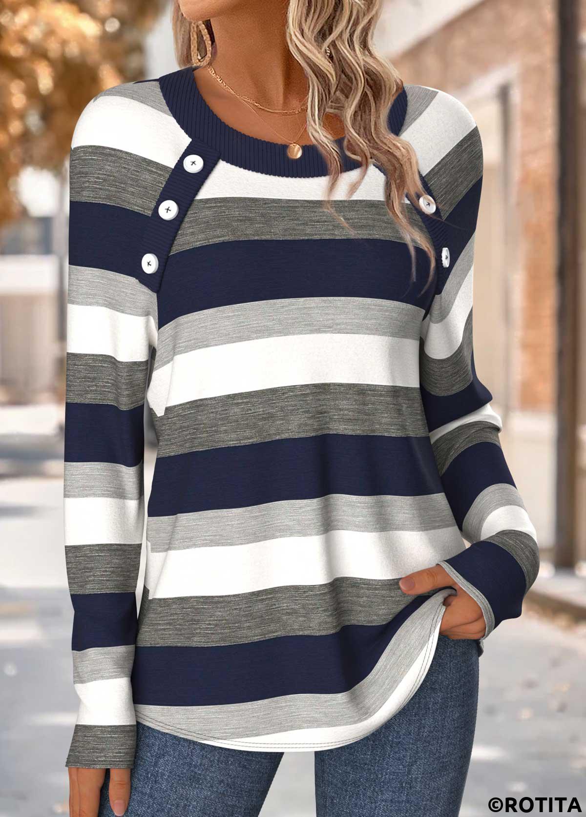 Navy tops,Striped tops,Geometric tops,ROTITA Tummy Coverage Striped Navy Round Neck T Shirt