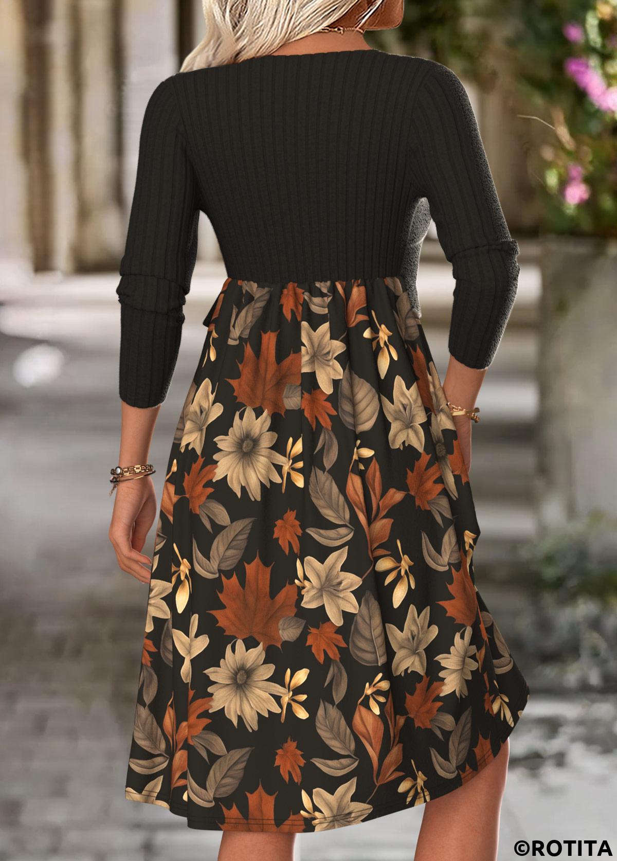 Black dresses,Floral dresses,Plants dresses,Everyday dresses,Casual dresses,ROTITA Tummy Coverage Floral Print Black V Neck Dress