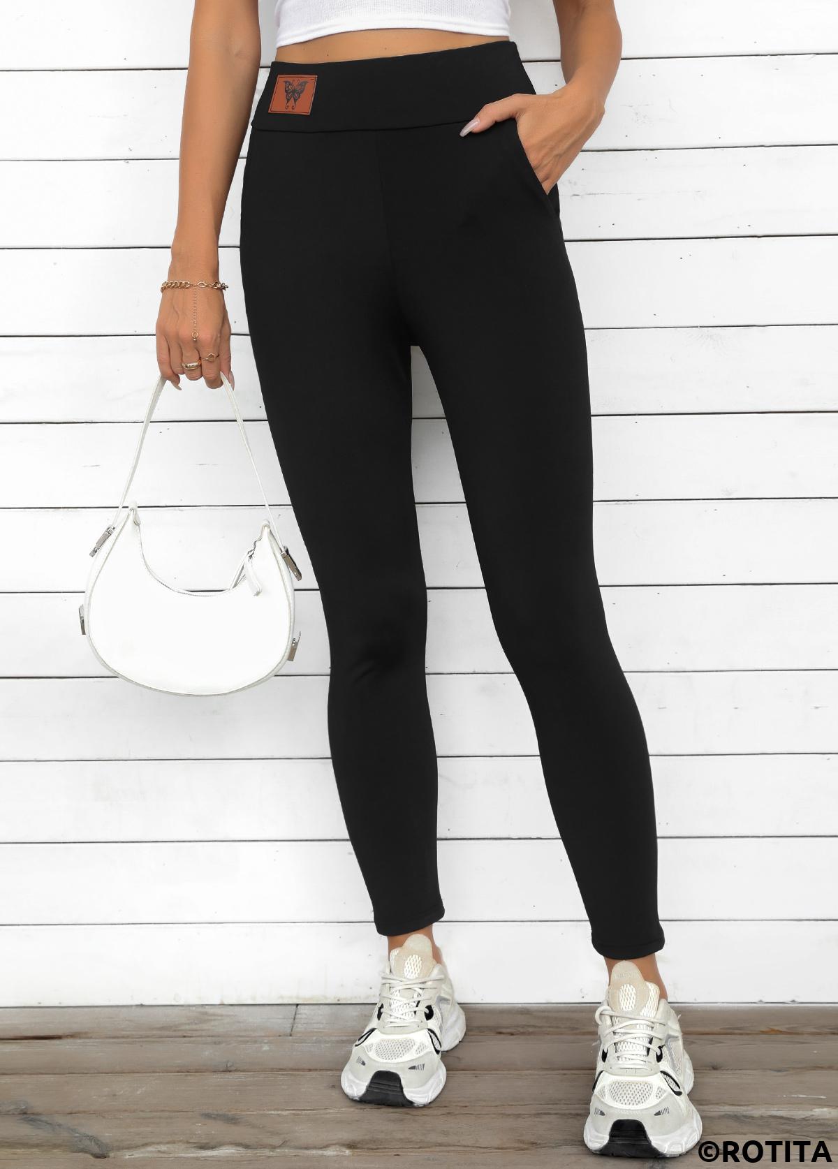 Black bottoms,Plain Color bottoms,Black High Waisted Elastic Waist Ankle Length Leggings