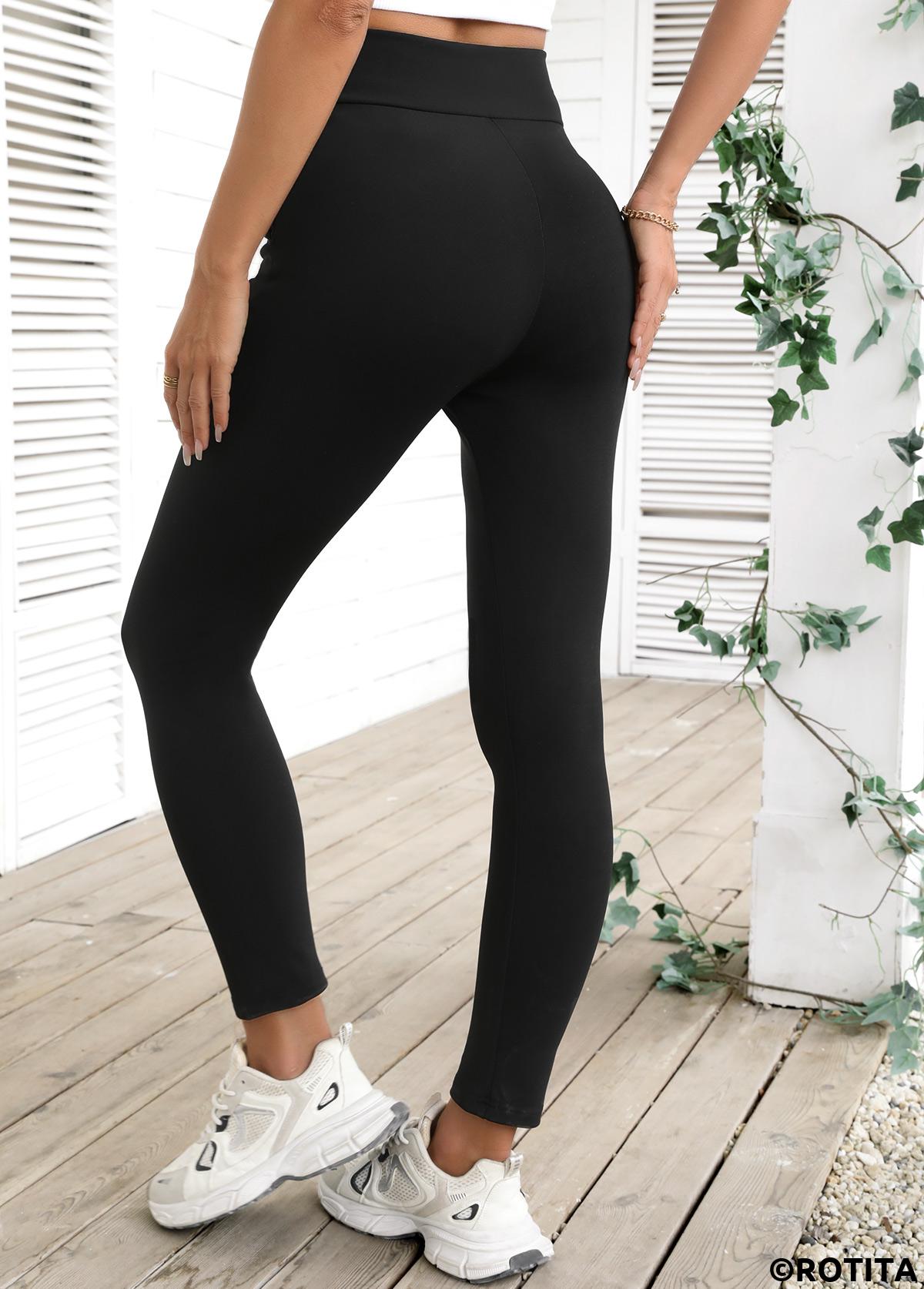 Black bottoms,Plain Color bottoms,Black High Waisted Elastic Waist Ankle Length Leggings