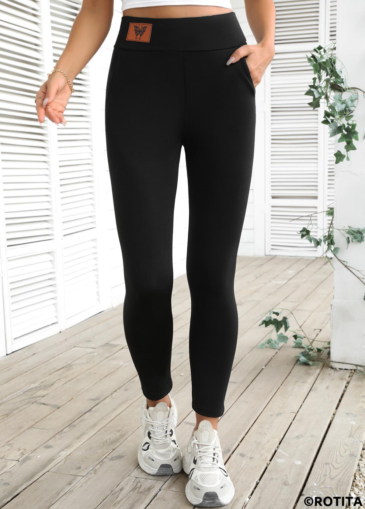 Black bottoms,Plain Color bottoms,Black High Waisted Elastic Waist Ankle Length Leggings
