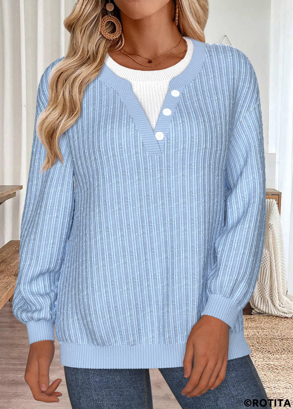 Blue tops,Plain Color tops,ROTITA Tummy Coverage Blue Round Neck Long Sleeve Sweatshirt