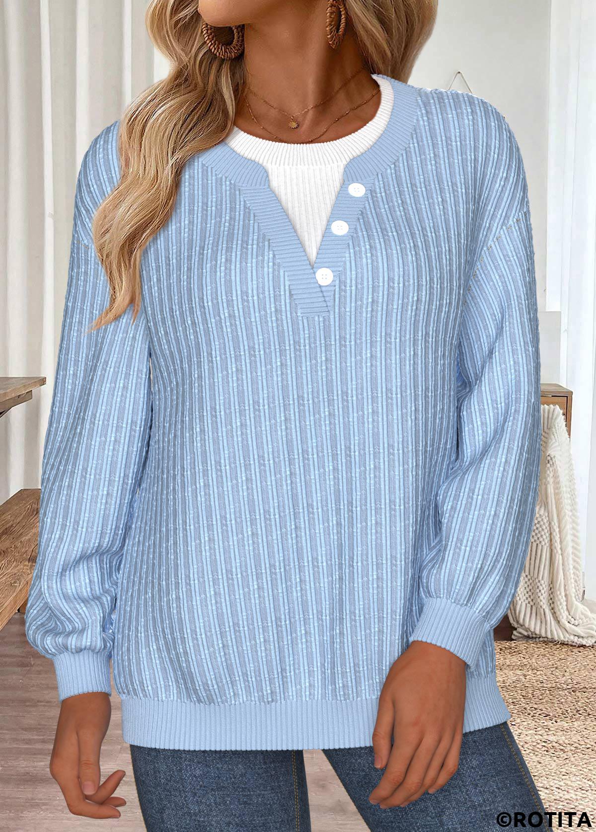 Blue tops,Plain Color tops,ROTITA Tummy Coverage Blue Round Neck Long Sleeve Sweatshirt